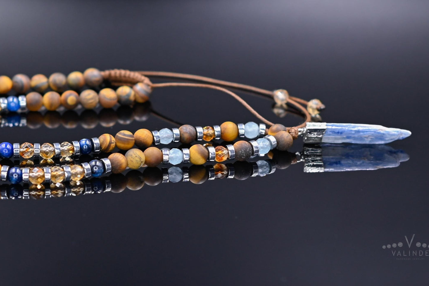Men's Protection Tiger's Eye Necklace, Aquamarine Citrine Kyanite Gemstone Adjustable Necklace, Long Pendant Necklace, Gift for Men- Shamballa Necklace - Birthstone Necklace - Gemstone Necklace Men - Chakra Necklace - Yoga Necklace - Mantra Necklace -Macrame Necklace - Healing Necklace - Gift for Father - Gift For Men - Valinde
