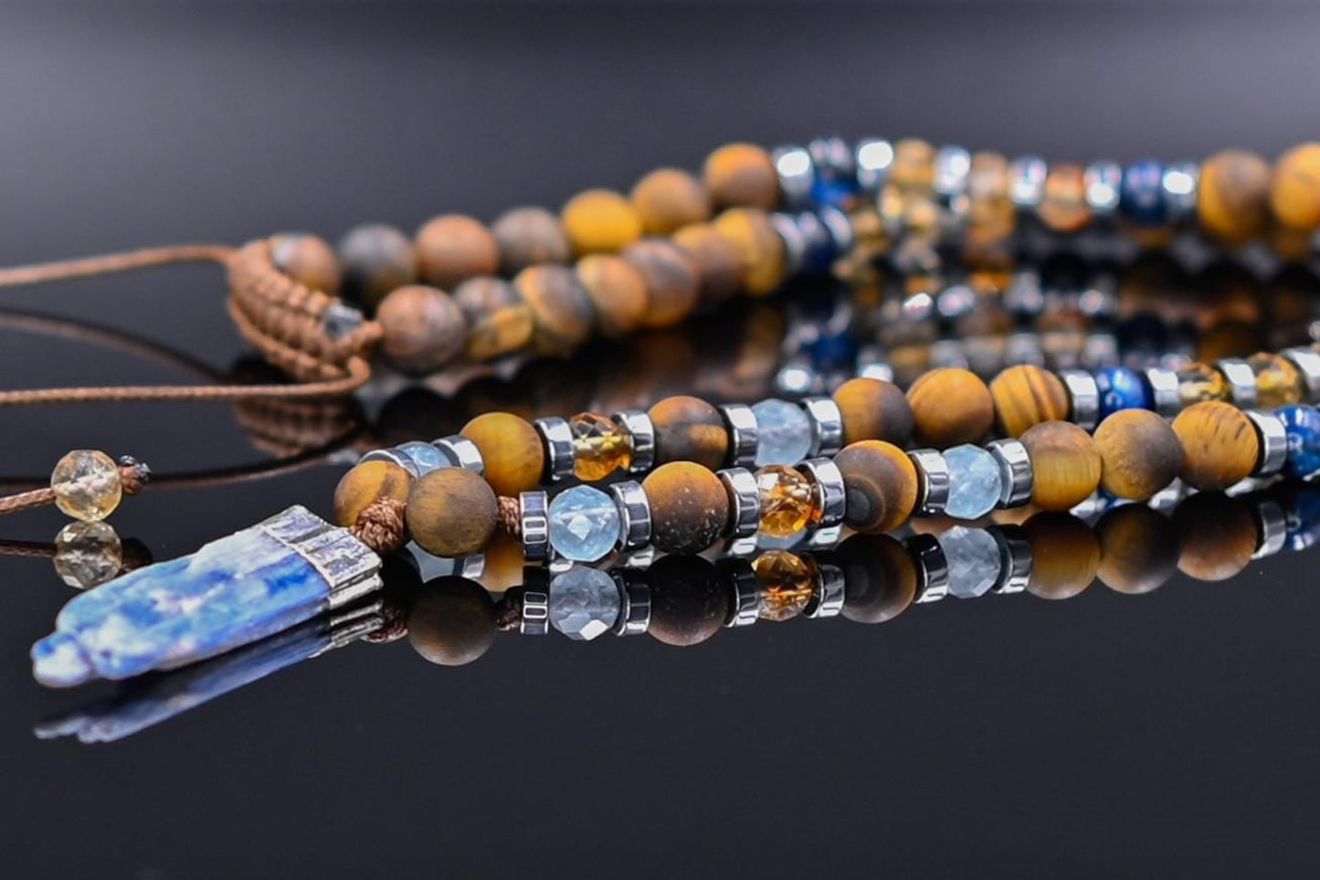 Men's Protection Tiger's Eye Necklace, Aquamarine Citrine Kyanite Gemstone Adjustable Necklace, Long Pendant Necklace, Gift for Men- Shamballa Necklace - Birthstone Necklace - Gemstone Necklace Men - Chakra Necklace - Yoga Necklace - Mantra Necklace -Macrame Necklace - Healing Necklace - Gift for Father - Gift For Men - Valinde