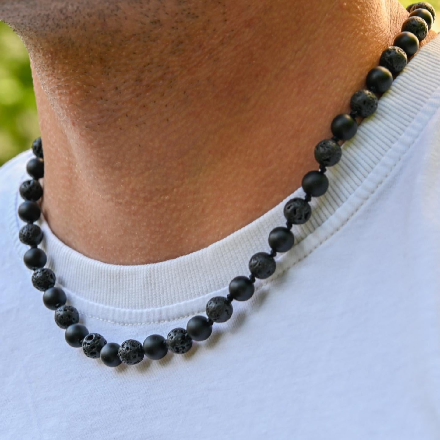 Men's Black Lava Stone Onyx Knotted Necklace, Gemstone Beaded Short Necklace, Surfer Necklace, Gift for Him, Black Stone Necklace - Shamballa Necklace - Birthstone Necklace - Gemstone Necklace Men - Chakra Necklace - Yoga Necklace - Mantra Necklace -Macrame Necklace - Healing Necklace - Gift for Father - Gift For Men - Valinde