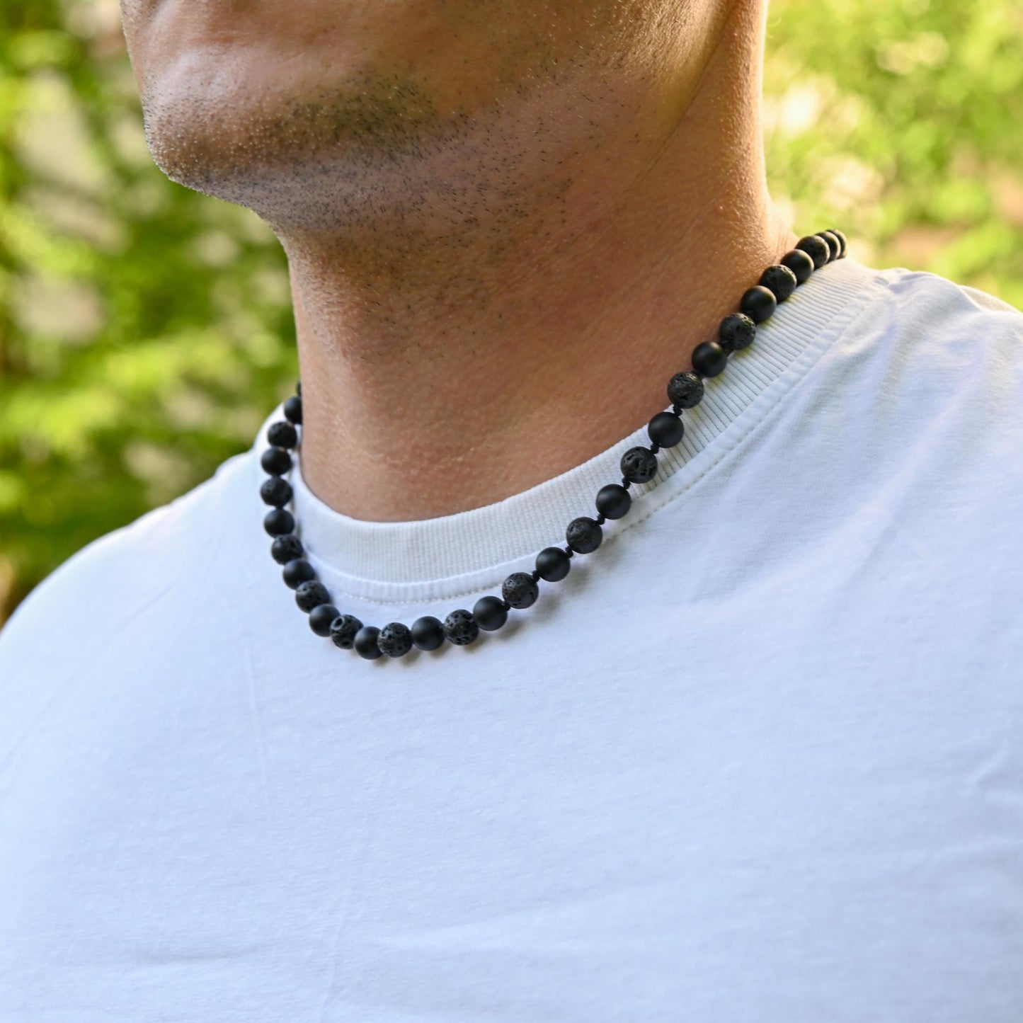 Men's Black Lava Stone Onyx Knotted Necklace, Gemstone Beaded Short Necklace, Surfer Necklace, Gift for Him, Black Stone Necklace - Shamballa Necklace - Birthstone Necklace - Gemstone Necklace Men - Chakra Necklace - Yoga Necklace - Mantra Necklace -Macrame Necklace - Healing Necklace - Gift for Father - Gift For Men - Valinde