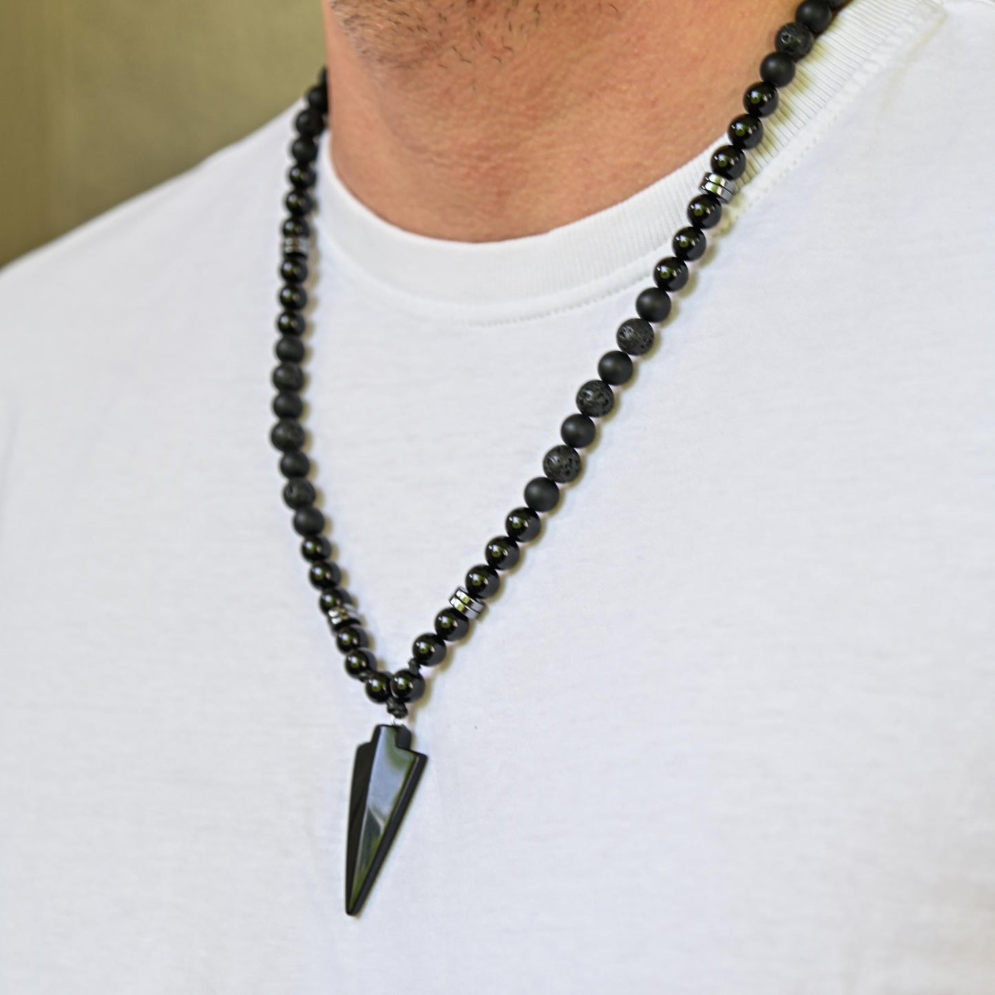 Men's Black Onyx Agate Lava Stone Beaded Necklace, Gemstone Arrow Pendant Necklace, Long Adjustable Necklace, Spiritual Jewelry,Gift for Him