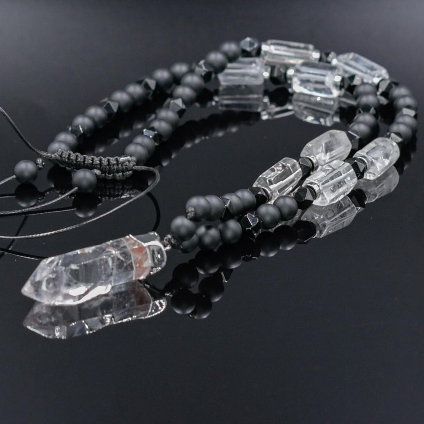 Men's Rock Crystal & Black Onyx Long Beaded Necklace, Crystal Pendant Necklace, Spiritual Protection Gift for Him - Shamballa Necklace - Birthstone Necklace - Gemstone Necklace Men - Chakra Necklace - Yoga Necklace - Mantra Necklace -Macrame Necklace - Healing Necklace - Gift for Father - Gift For Men - Valinde