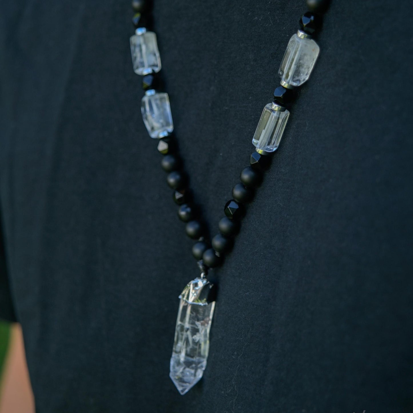 Men's Rock Crystal & Black Onyx Long Beaded Necklace, Crystal Pendant Necklace, Spiritual Protection Gift for Him - Shamballa Necklace - Birthstone Necklace - Gemstone Necklace Men - Chakra Necklace - Yoga Necklace - Mantra Necklace -Macrame Necklace - Healing Necklace - Gift for Father - Gift For Men - Valinde