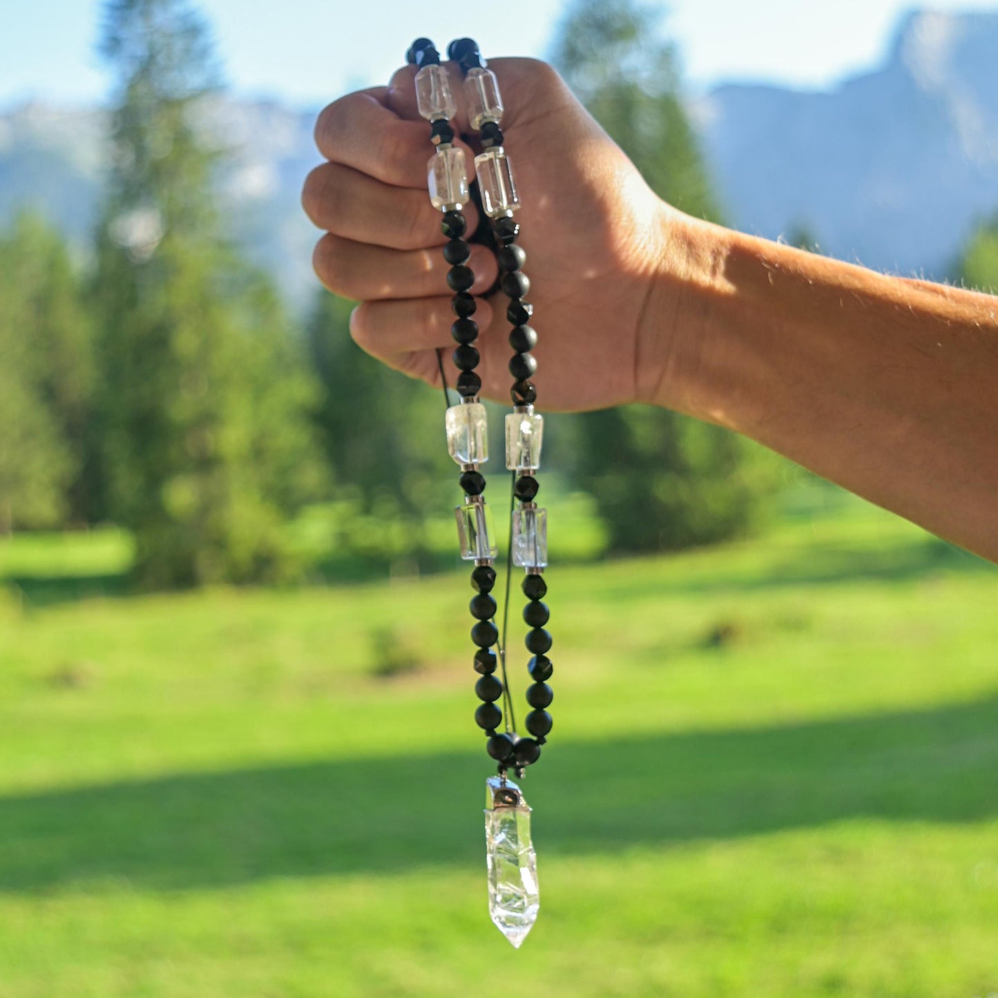 Men's Rock Crystal & Black Onyx Long Beaded Necklace, Crystal Pendant Necklace, Spiritual Protection Gift for Him - Shamballa Necklace - Birthstone Necklace - Gemstone Necklace Men - Chakra Necklace - Yoga Necklace - Mantra Necklace -Macrame Necklace - Healing Necklace - Gift for Father - Gift For Men - Valinde