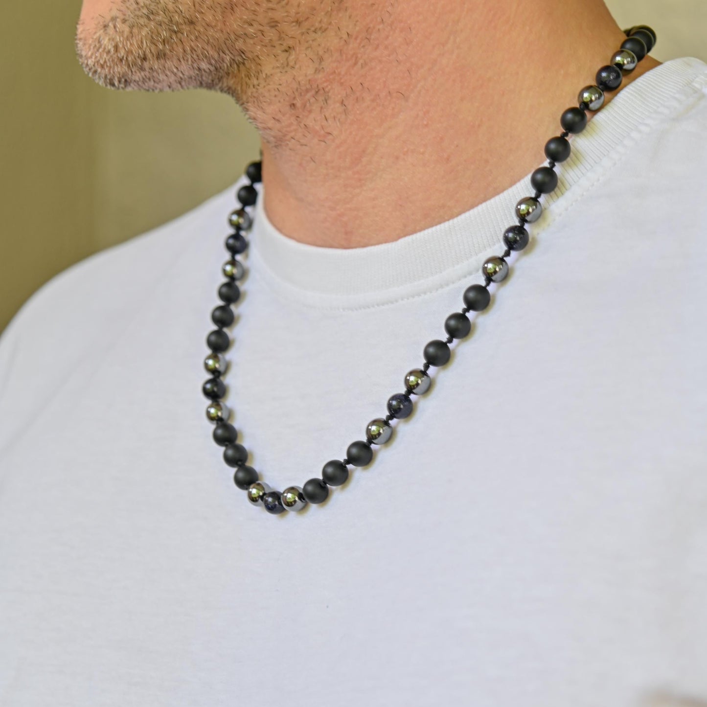 Blue Sandstone Necklace Beaded Necklace Onyx Necklace Gift for Men Gemstone Necklace Short Bead Necklace Hematite Necklace Black Onyx - Shamballa Necklace - Birthstone Necklace - Gemstone Necklace Men - Chakra Necklace - Yoga Necklace - Mantra Necklace -Macrame Necklace - Healing Necklace - Gift for Father - Gift For Men - Valinde