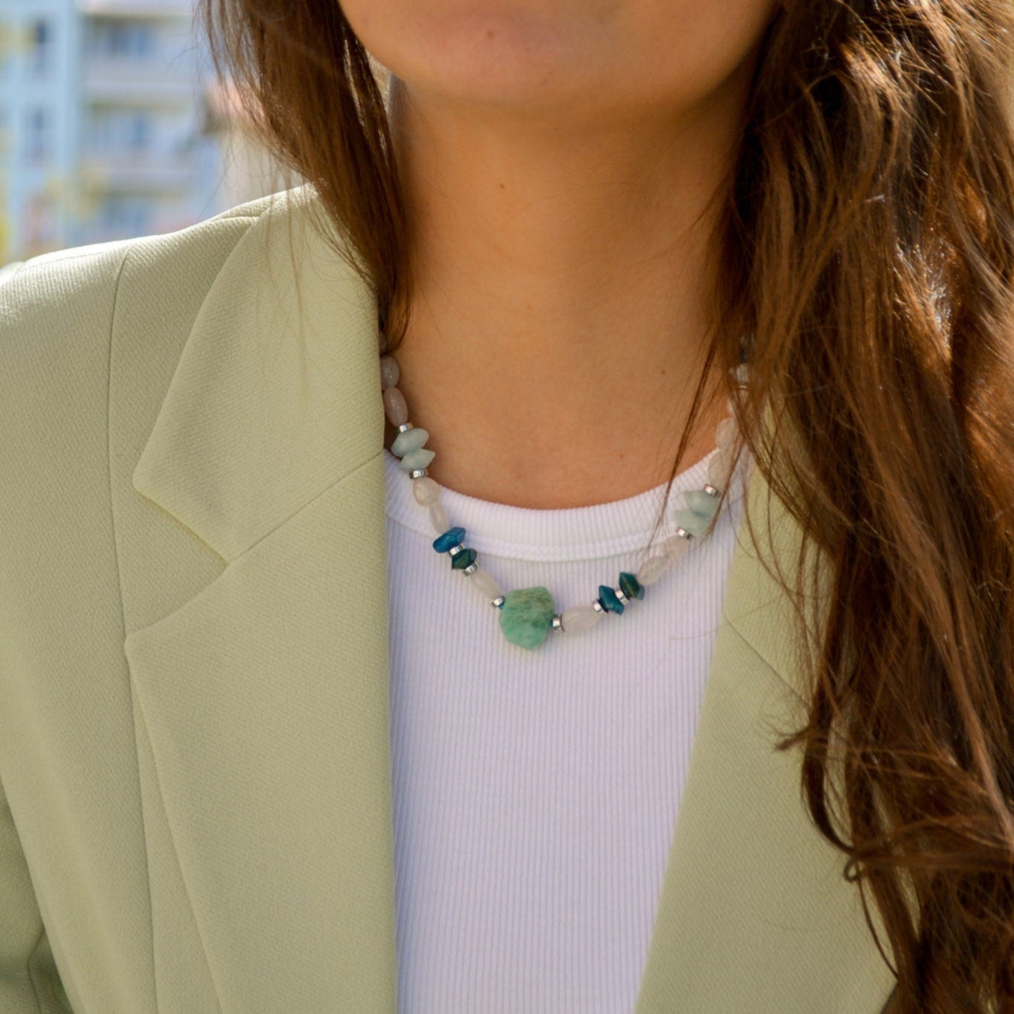 Women's Aquamarine Necklace Short Crystal Necklace Rose Quartz Necklace Gift for Woman Apatite Beaded Necklace Gift for Women Women's Gift - Shamballa Necklace - Birthstone Necklace - Gemstone Necklace Women - Chakra Necklace - Macrame Necklace - Healing Necklace - Valinde