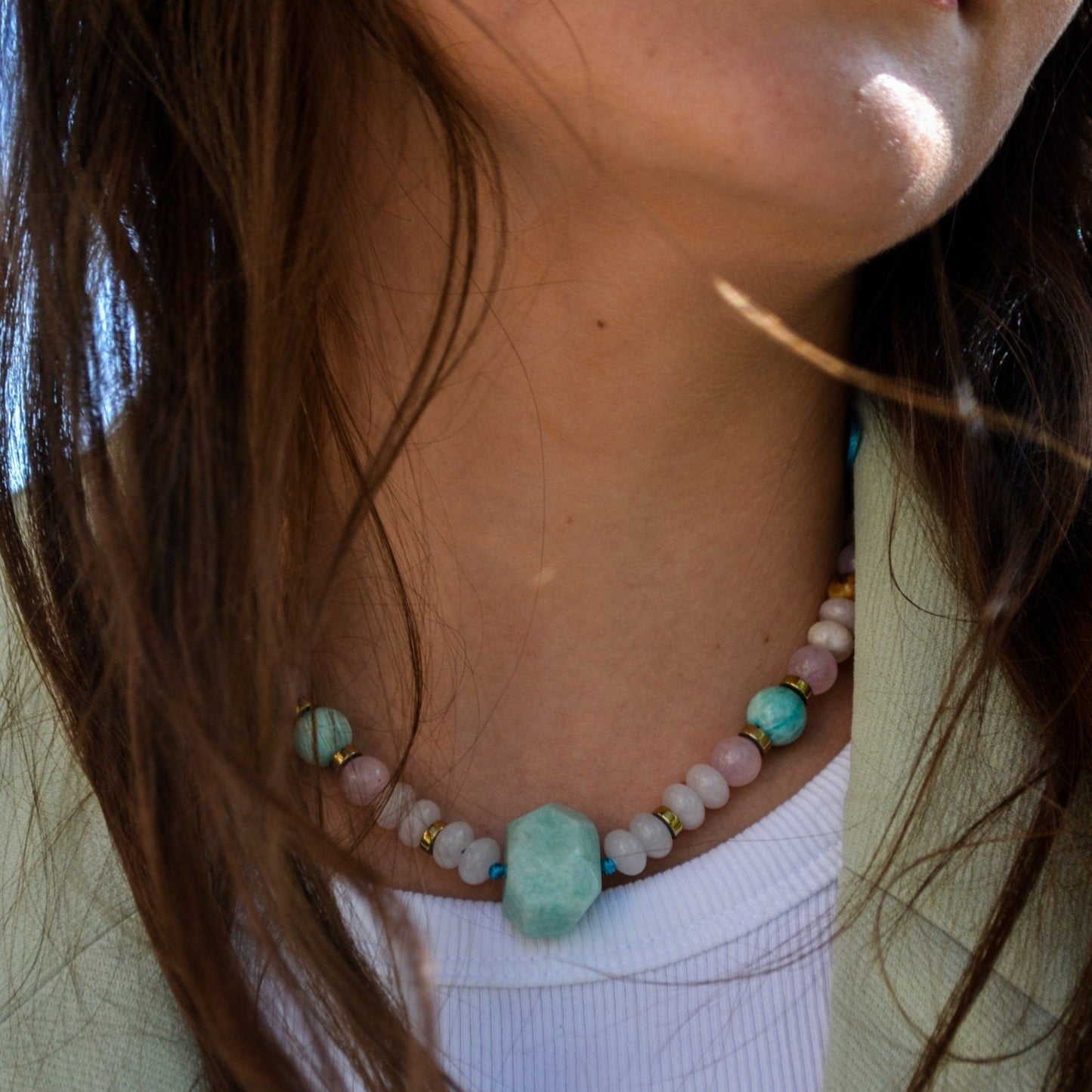 Women's Amazonite Bead Necklace Rose Quartz Necklace Gemstone Choker Necklace Gift for Woman Short Beaded Necklace Crystal Choker Necklace - Shamballa Necklace - Birthstone Necklace - Gemstone Necklace Women - Chakra Necklace - Macrame Necklace - Healing Necklace - Valinde