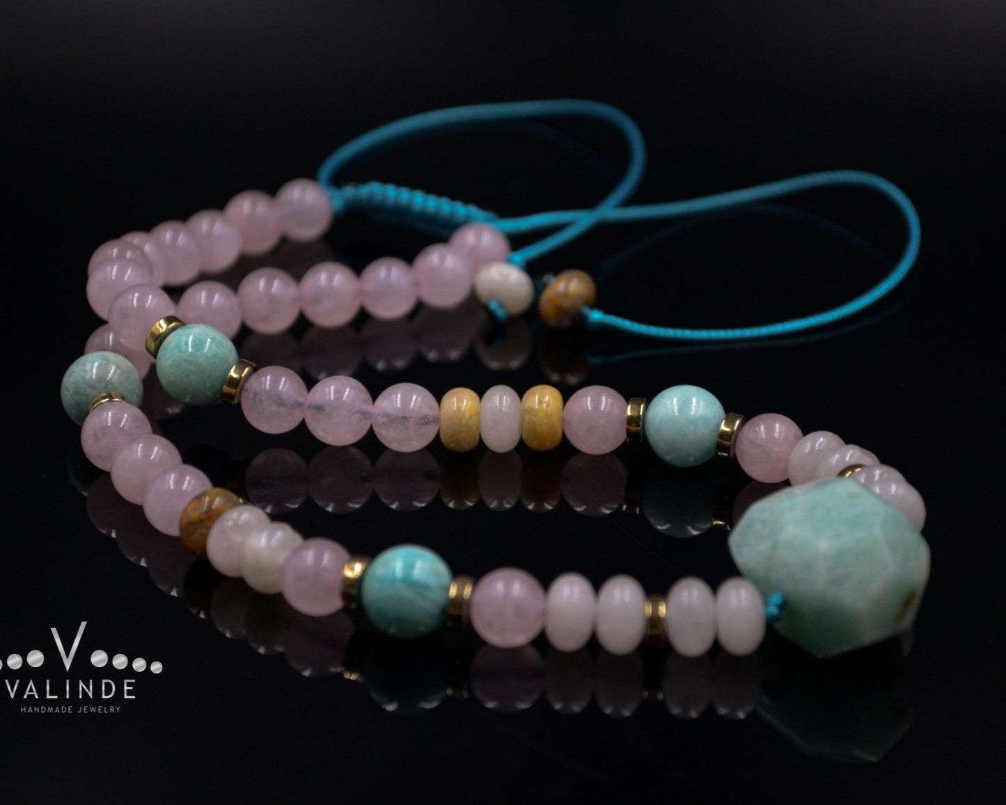 Women's Amazonite Bead Necklace Rose Quartz Necklace Gemstone Choker Necklace Gift for Woman Short Beaded Necklace Crystal Choker Necklace - Shamballa Necklace - Birthstone Necklace - Gemstone Necklace Women - Chakra Necklace - Macrame Necklace - Healing Necklace - Valinde