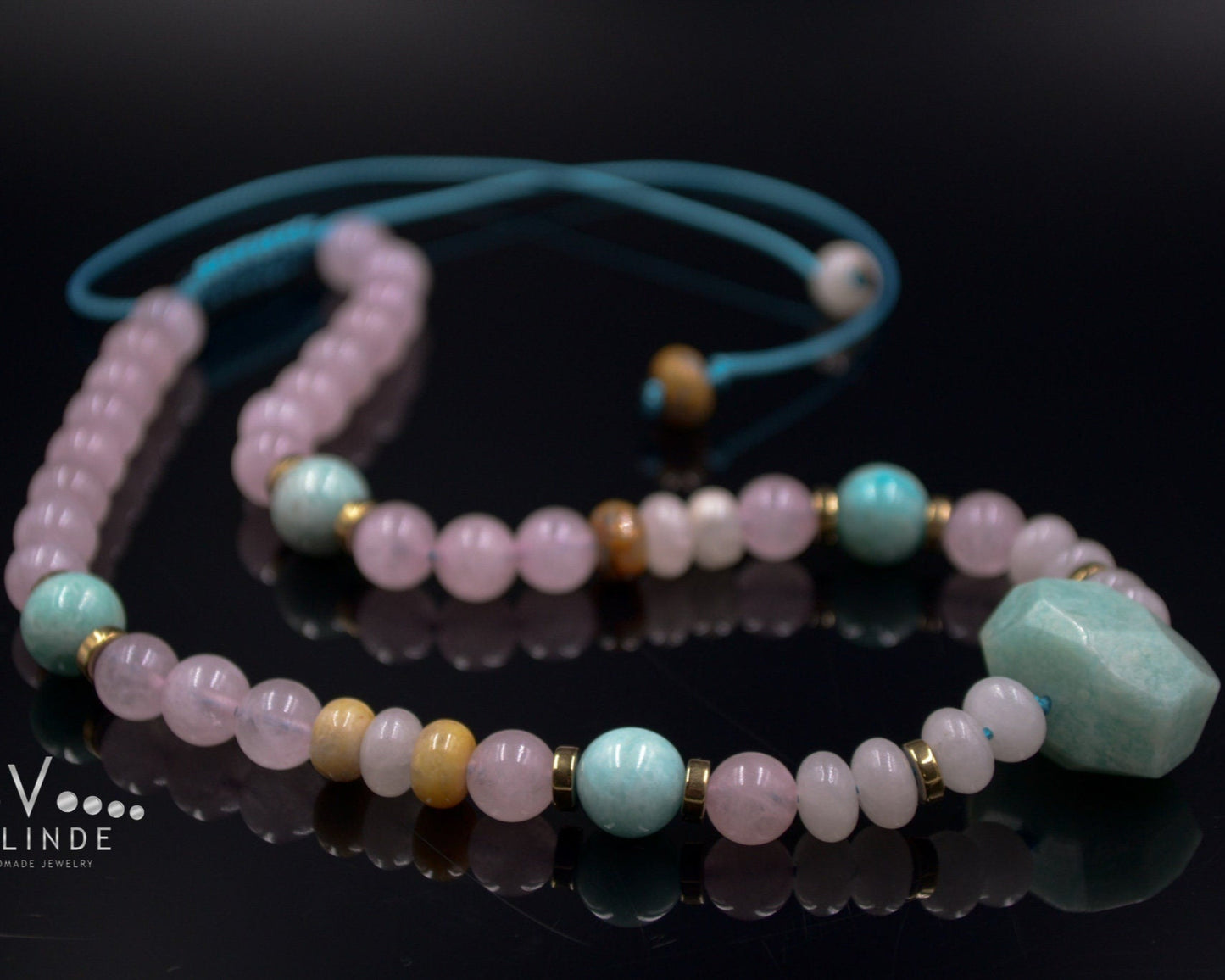 Women's Amazonite Bead Necklace Rose Quartz Necklace Gemstone Choker Necklace Gift for Woman Short Beaded Necklace Crystal Choker Necklace - Shamballa Necklace - Birthstone Necklace - Gemstone Necklace Women - Chakra Necklace - Macrame Necklace - Healing Necklace - Valinde