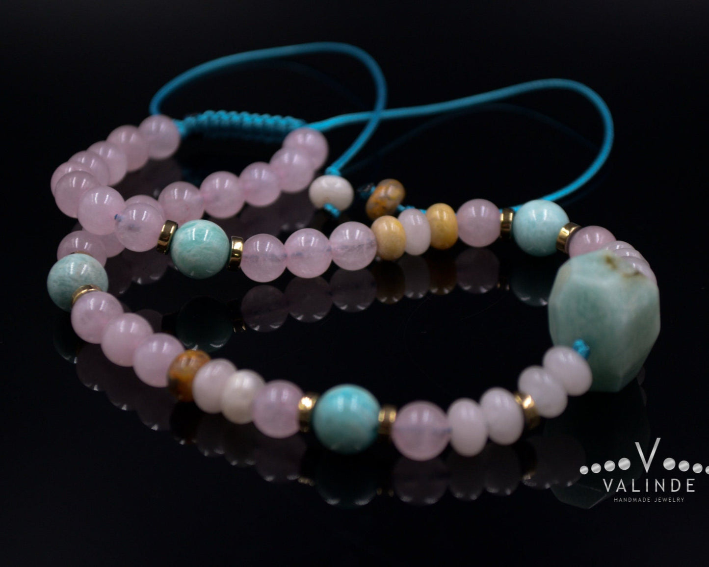 Women's Amazonite Bead Necklace Rose Quartz Necklace Gemstone Choker Necklace Gift for Woman Short Beaded Necklace Crystal Choker Necklace - Shamballa Necklace - Birthstone Necklace - Gemstone Necklace Women - Chakra Necklace - Macrame Necklace - Healing Necklace - Valinde
