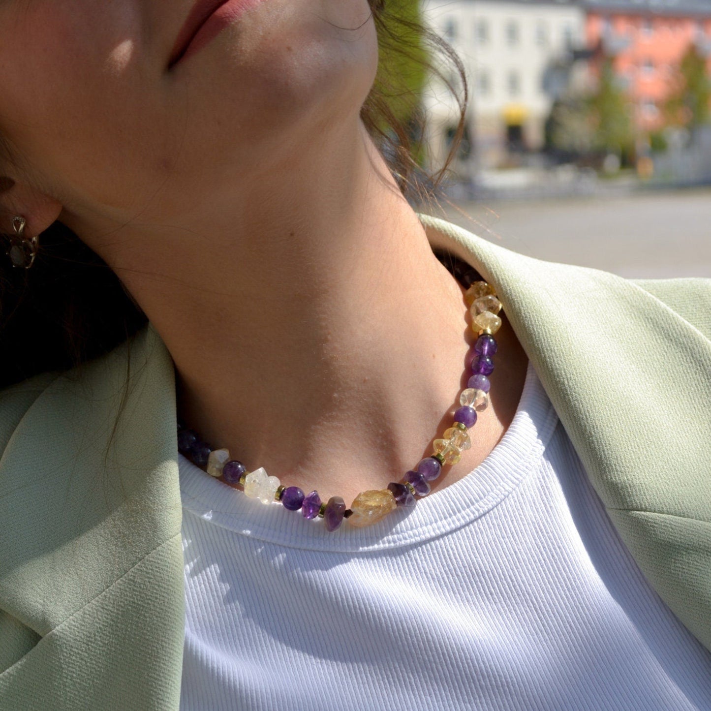 Amethyst & Citrine Necklace for Woman Choker Crystal Necklace Gift for Woman Raw Citrine Bead Necklace Gemstone Short Necklace Gift for Her - Shamballa Necklace - Birthstone Necklace - Gemstone Necklace Women - Chakra Necklace - Macrame Necklace - Healing Necklace - Valinde