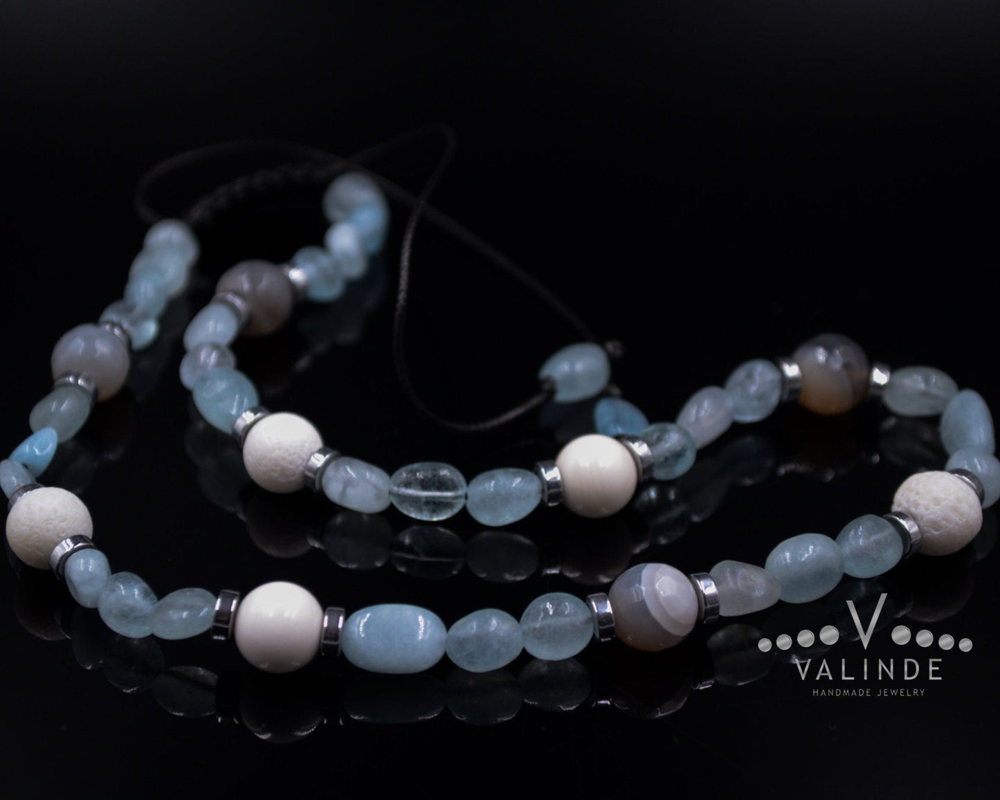 Women's Aquamarine Necklace Short Summer Necklace White Coral Necklace Gift for Woman Crystal Necklace Agate Necklace Beach Necklace - Shamballa Necklace - Birthstone Necklace - Gemstone Necklace Women - Chakra Necklace - Macrame Necklace - Healing Necklace - Valinde