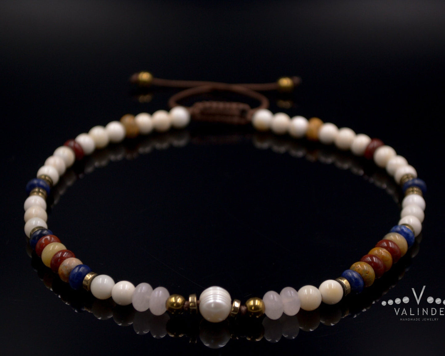 Pearl Beaded Necklace for Woman Women's Gemstone Choker Necklace Lapis Lazuli Necklace Short Necklace Jasper Necklace Gift for Woman - Shamballa Necklace - Birthstone Necklace - Gemstone Necklace Women - Chakra Necklace - Macrame Necklace - Healing Necklace - Valinde