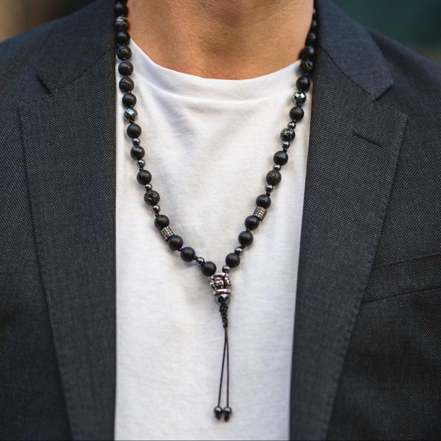 Men's Skull Bead Necklace / Black Onyx Necklace / Long Crystal Necklace / Hematite Necklace / Gift for Man / Steel Bead Necklace for Men - Shamballa Necklace - Birthstone Necklace - Gemstone Necklace Men - Chakra Necklace - Yoga Necklace - Mantra Necklace -Macrame Necklace - Healing Necklace - Valinde