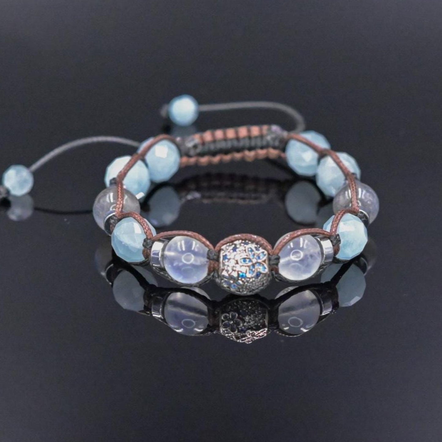 Genuine Aquamarine Moonstone Labradorite Gemstone Bracelet, Women's 925 Silver Bead Bracelet, Adjustable Crystal Bracelet,Gift for Her/Woman - Shamballa Bracelet - Birthstone Bracelet - Gemstone Bracelet Women - Chakra Bracelet - Macrame Bracelet - Healing Bracelet - Valinde
