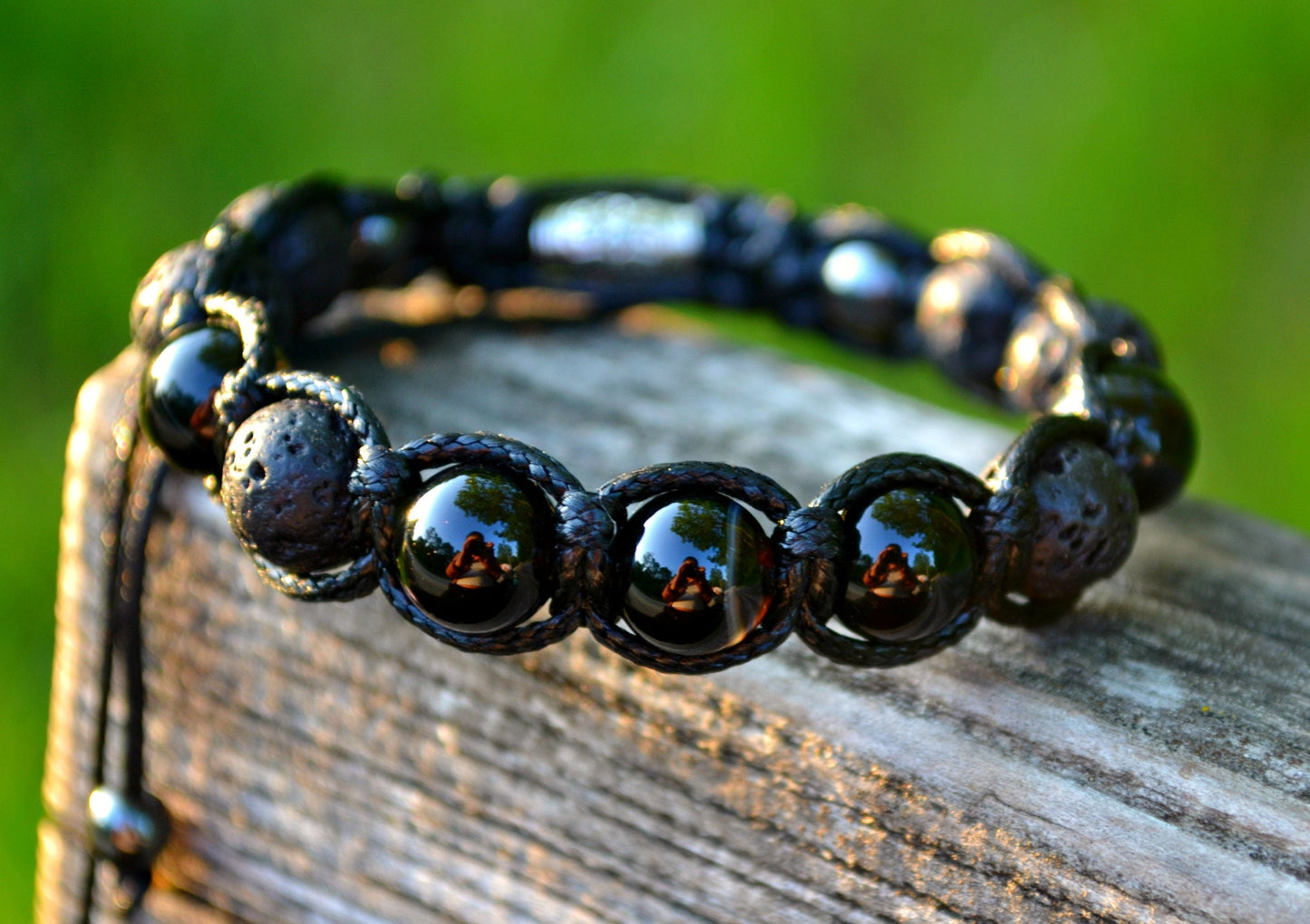 Herren Schwarze Stein Armband Edelstein Armband Lava Stein PerlenArmband Makramee Armband Achat Armband Perlenarmband Herrenschmuck
