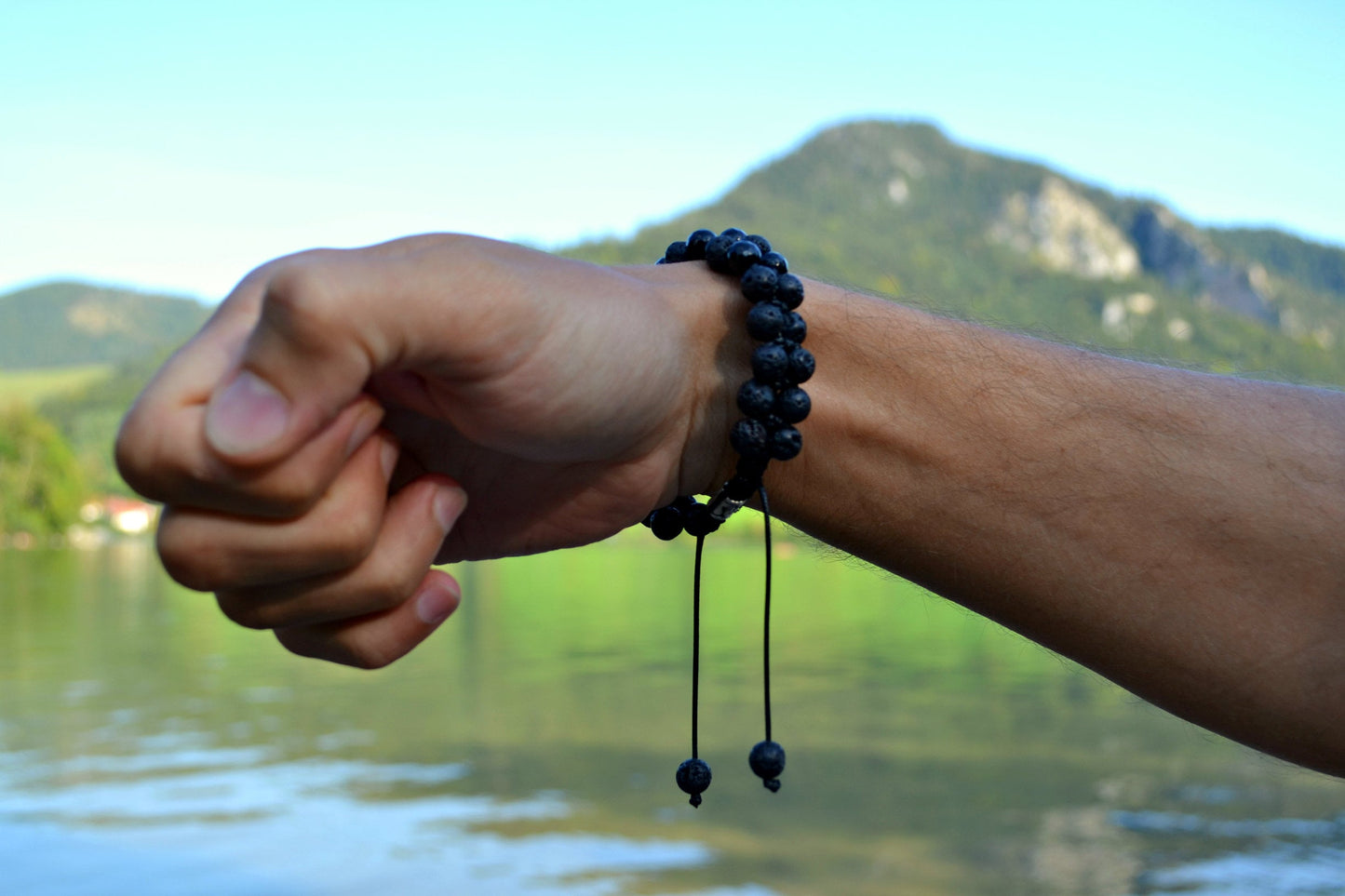 Lava Stone Double Bracelet for Men Men's Bracelet Black Agate Bracelet Gemstone Adjustable Bracelet Macrame Bracelet Gift for Men