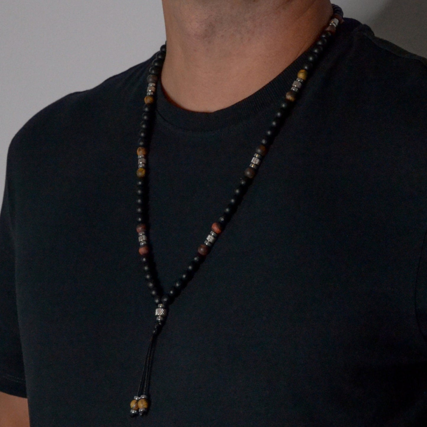 Black Onyx Necklace for Men Tiger's Eye Beaded Necklace Long Necklace Gift for Men Steel Beads Necklace Men's Tiger Eye Necklace - Shamballa Necklace - Birthstone Necklace - Gemstone Necklace Men - Chakra Necklace - Macrame Necklace - Healing Necklace