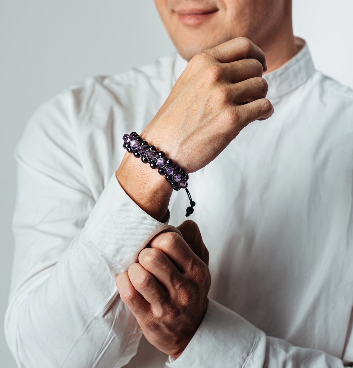 Amethyst Crystal Bracelet Men's 3 Row Bracelet Black Agate Bracelet Gifts for Men Triple Bead Bracelet Birthstone Bracelet Macrame Bracelet