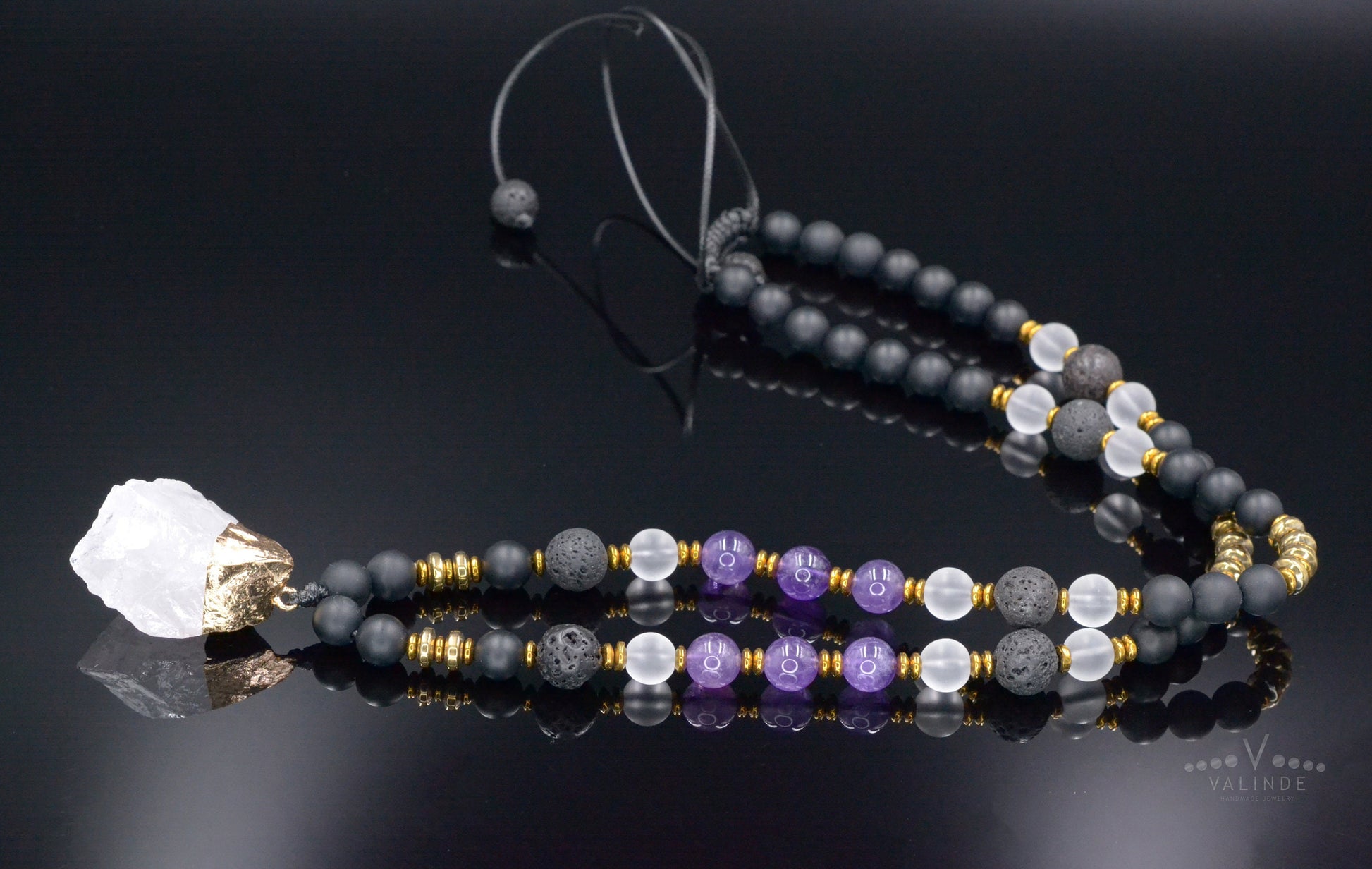 Raw Quartz Pendant Necklace - Men's Amethyst Lava Stone Onyx Bead Necklace - Long Crystal Necklace - Gift for Men - Adjustable Necklace