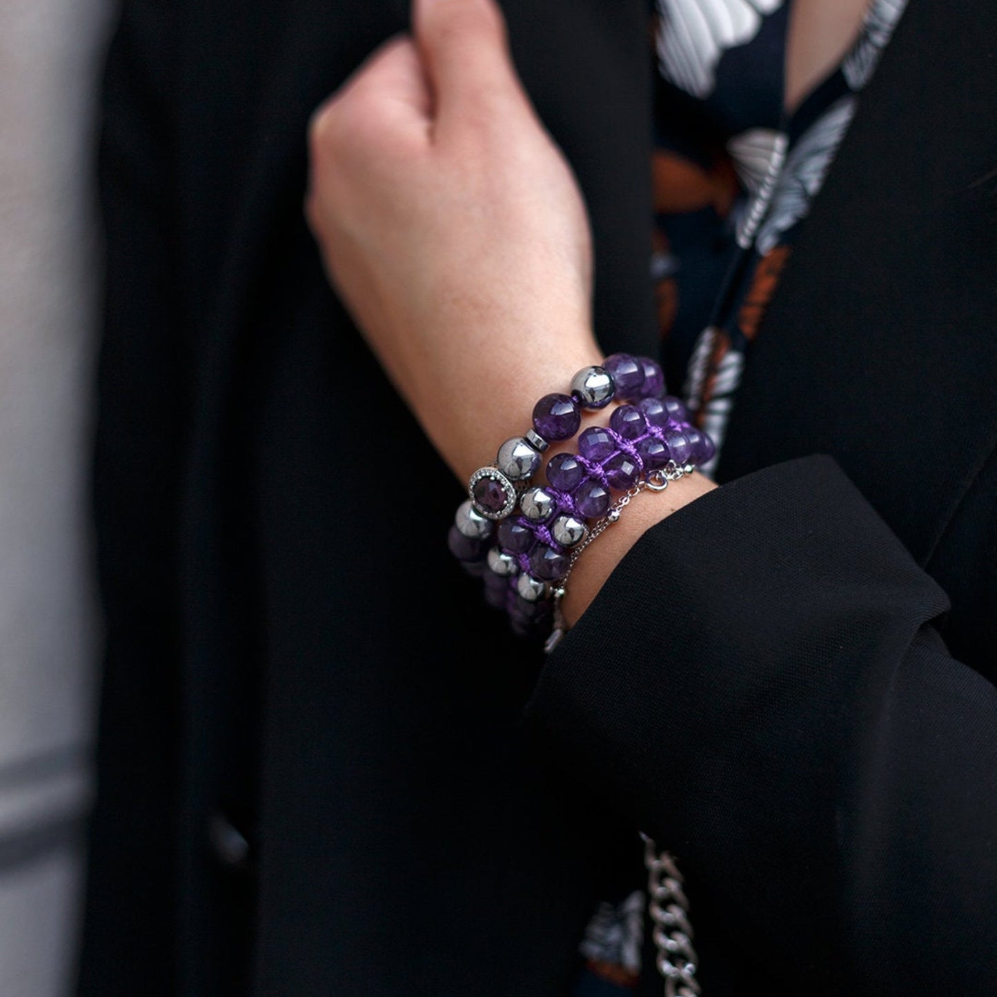 Women's Genuine Amethyst Bracelet Set - 925 Silver Bead Bracelet - Hematite Bracelet - Gift for Woman - Adjustable Crystal Bracelet