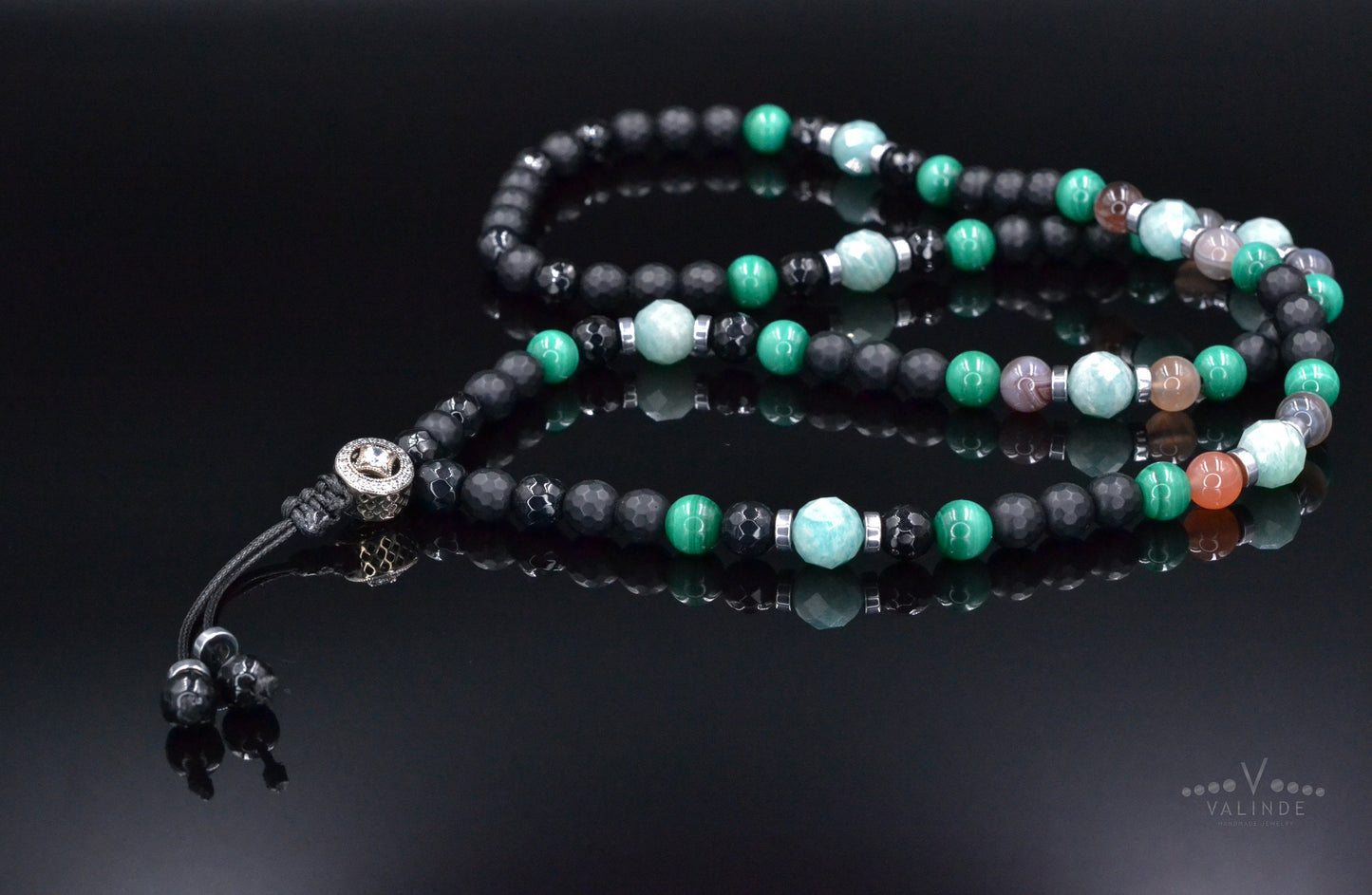 Men's Malachite Necklace, Amazonite Botswana Agate Onyx Necklace,925 Silver Bead Necklace, Long Beaded Necklace, Gift for Men,Stone Necklace