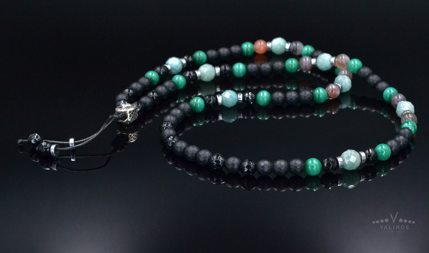 Men's Malachite Necklace, Amazonite Botswana Agate Onyx Necklace,925 Silver Bead Necklace, Long Beaded Necklace, Gift for Men,Stone Necklace
