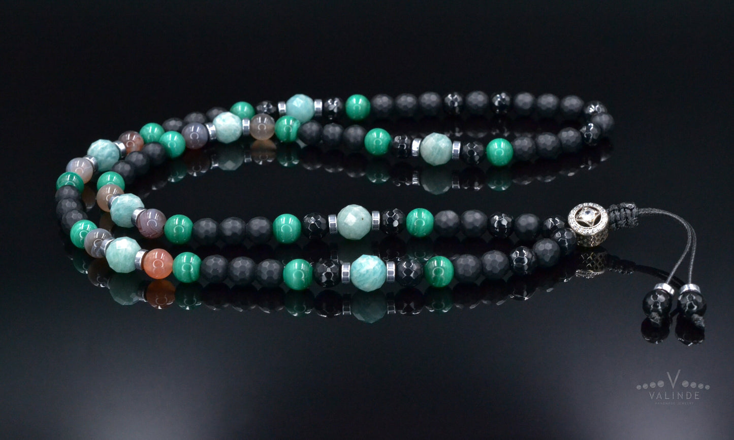 Men's Malachite Necklace, Amazonite Botswana Agate Onyx Necklace,925 Silver Bead Necklace, Long Beaded Necklace, Gift for Men,Stone Necklace