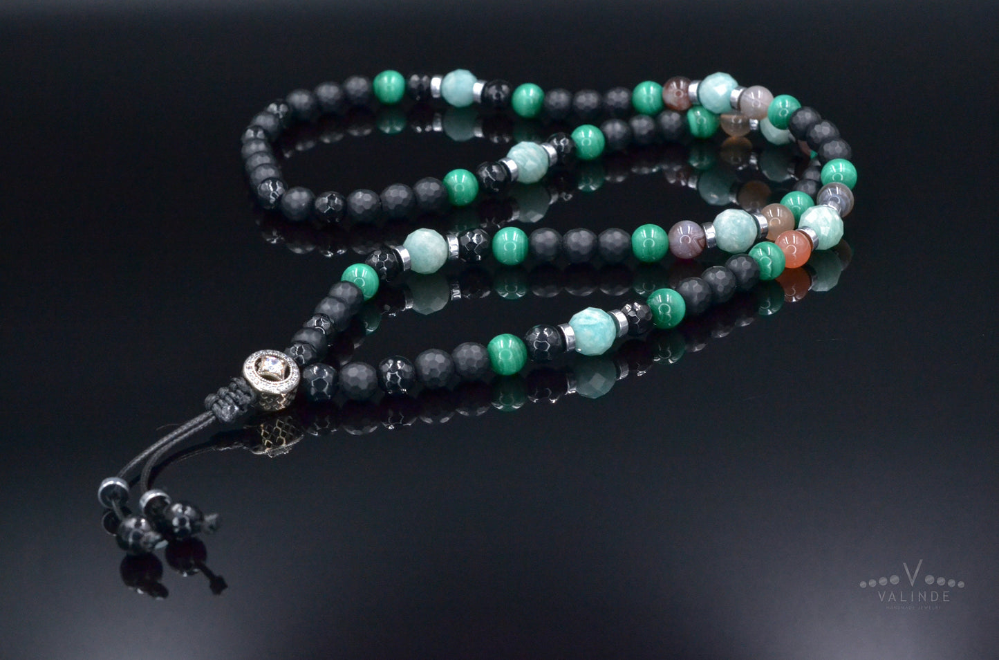 Men's Malachite Necklace, Amazonite Botswana Agate Onyx Necklace,925 Silver Bead Necklace, Long Beaded Necklace, Gift for Men,Stone Necklace