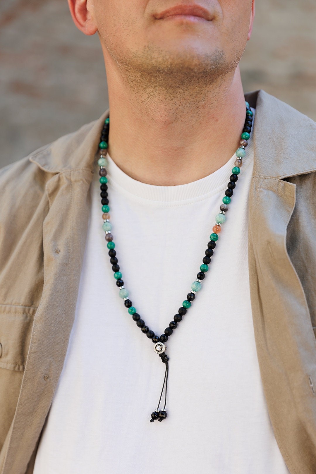 Men's Malachite Necklace, Amazonite Botswana Agate Onyx Necklace,925 Silver Bead Necklace, Long Beaded Necklace, Gift for Men,Stone Necklace