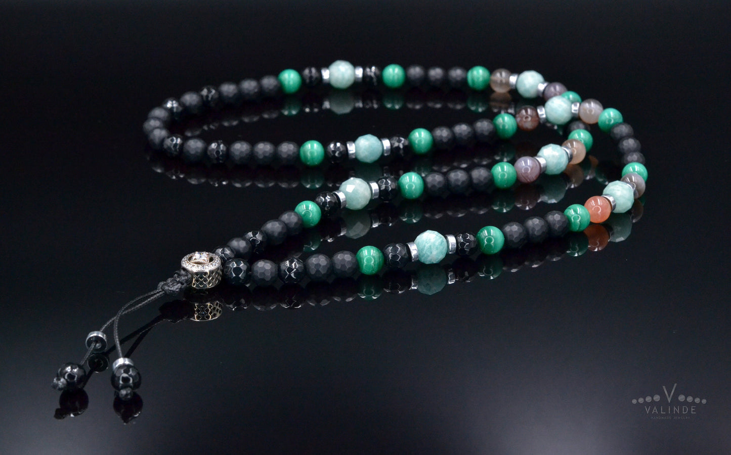 Men's Malachite Necklace, Amazonite Botswana Agate Onyx Necklace,925 Silver Bead Necklace, Long Beaded Necklace, Gift for Men,Stone Necklace