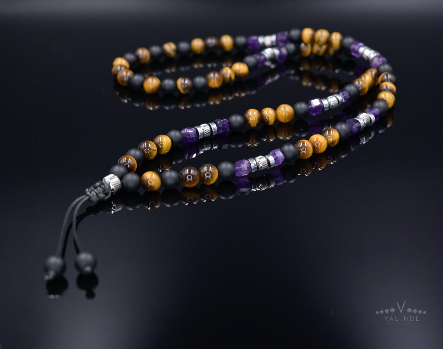 Tiger's Eye Long Necklace, Men's Amethyst Crystal Necklace, Steel Beaded Necklace, Gift for Men, Father's Day Gift, Black Onyx Necklace