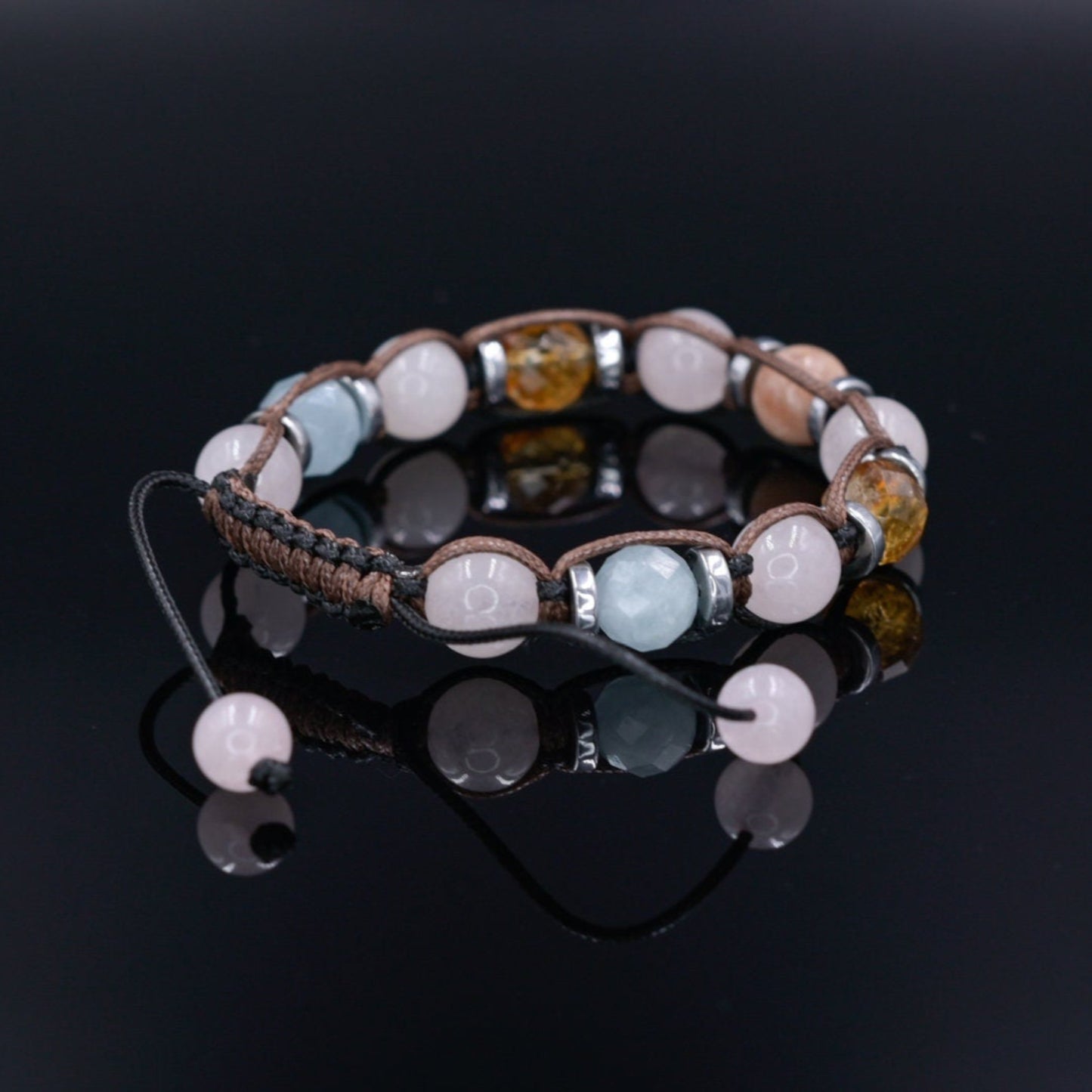 Citrine Aquamarine Crystal Beaded Bracelet, Women's Adjustable Quartz Bracelet, Hematite Bracelet, Gift for Woman, Macrame Braided Bracelet