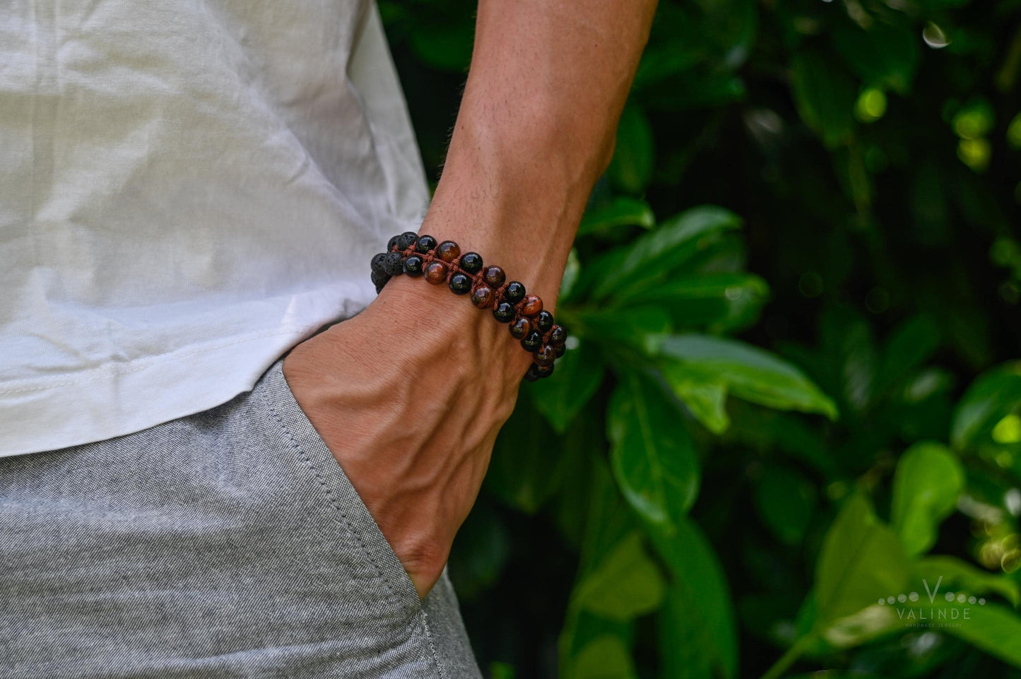 Men's Lava Stone Double Bracelet Black Agate Bracelet Red Tiger's Eye Bracelet Stone Adjustable Bracelet Gift for Men Macrame Bracelet