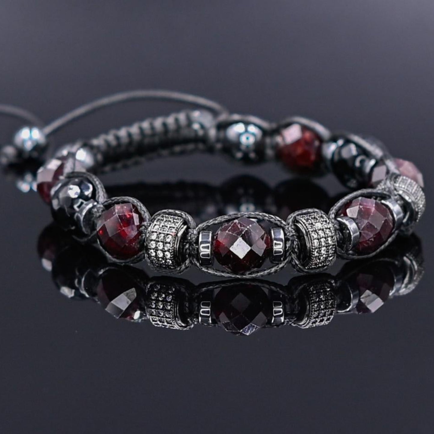 Men's Red Garnet Agate Hematite Gemstone Beaded Bracelet, Adjustable Macrame Bracelet, Gift for Men, Gift for Him, CZ Bracelet