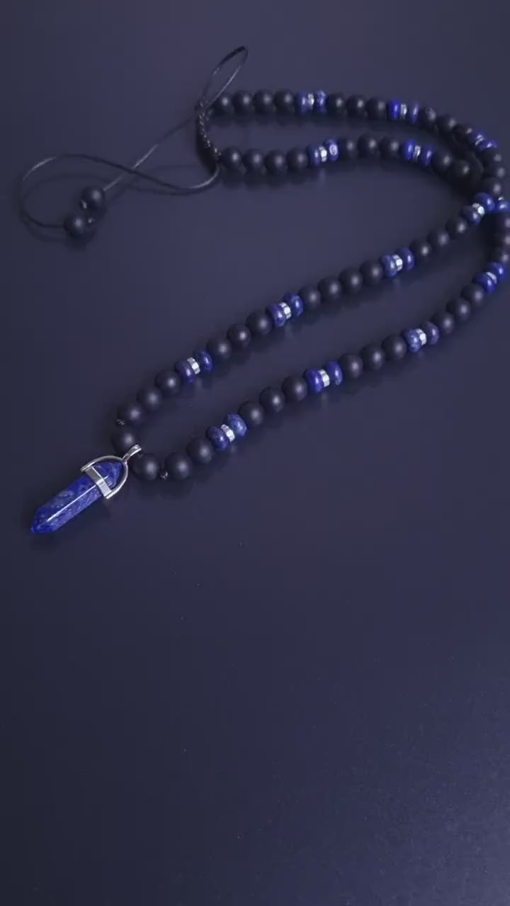 Men's Lapis Lazuli Pendant Necklace - Black Onyx Bead Necklace - Gift for Men - Long Crystal Necklace - Adjustable Necklace - Man Necklace- Shamballa Necklace - Birthstone Necklace - Gemstone Necklace Men - Chakra Necklace - Macrame Necklace  - Healing Necklace - Valinde