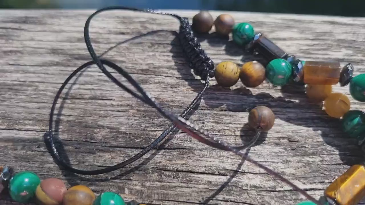 Malachite Tiger's Eye Crystal Necklace - Men's Short Beaded Necklace - Gift for Men - Adjustable Surfer Necklace - Malachite Jewelry for Men - - Shamballa Necklace - Birthstone Necklace - Gemstone Necklace Men - Chakra Necklace - Macrame Necklace  - Healing Necklace