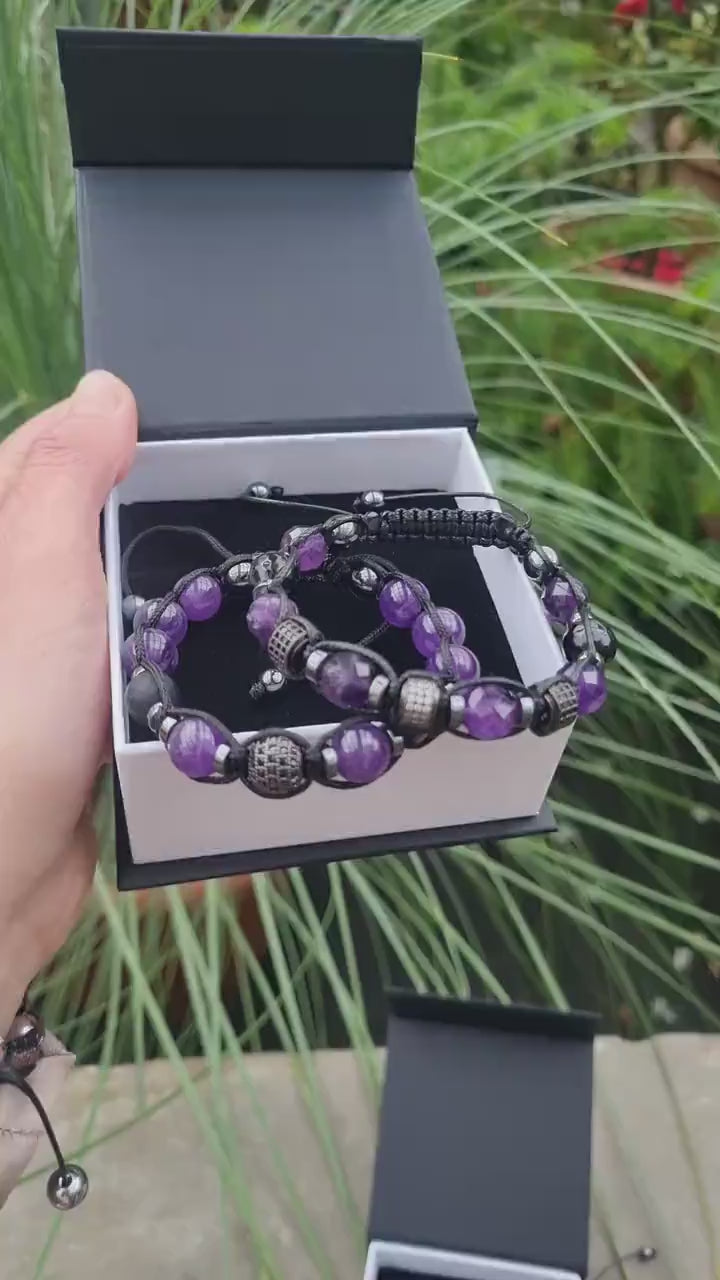 Amethyst Crystal Bracelet - Men's Purple Amethyst Agate Hematite Braided Bracelet - Zirconia Beads Adjustable Bracelet - Gift for Men