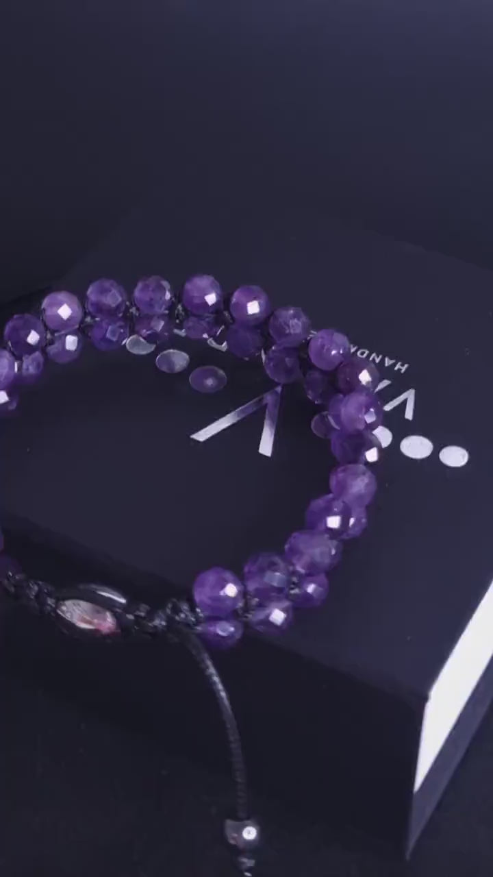 Genuine Amethyst Bracelet - Men's Double Row Crystal Beaded Bracelet - Gift for Men - Purple Amethyst Braided Bracelet - Birthday Gift  - Shamballa Bracelet - Birthstone Bracelet - Gemstone Bracelet Men - Chakra Bracelet - Macrame Bracelet - Healing Bracelet - Valinde