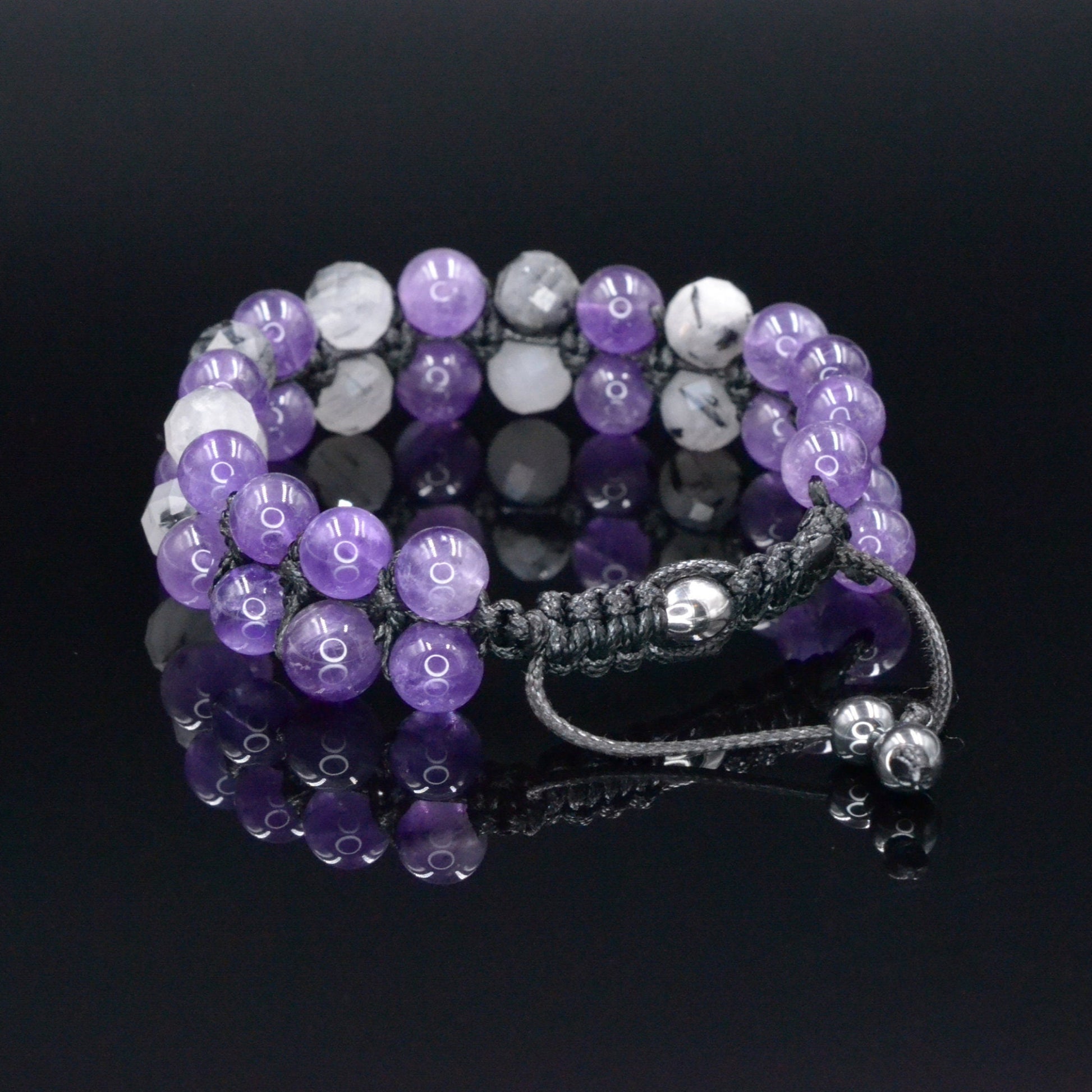 Genuine Amethyst Quartz Braided Bracelet, Double Row Crystal Gemstone Adjustable Bracelet, Gift for Men, Gift for Him, Father's Day Gift - Shamballa Bracelet - Birthstone Bracelet - Gemstone Bracelet Men - Chakra Bracelet - Macrame Bracelet - Healing Bracelet - Valinde
