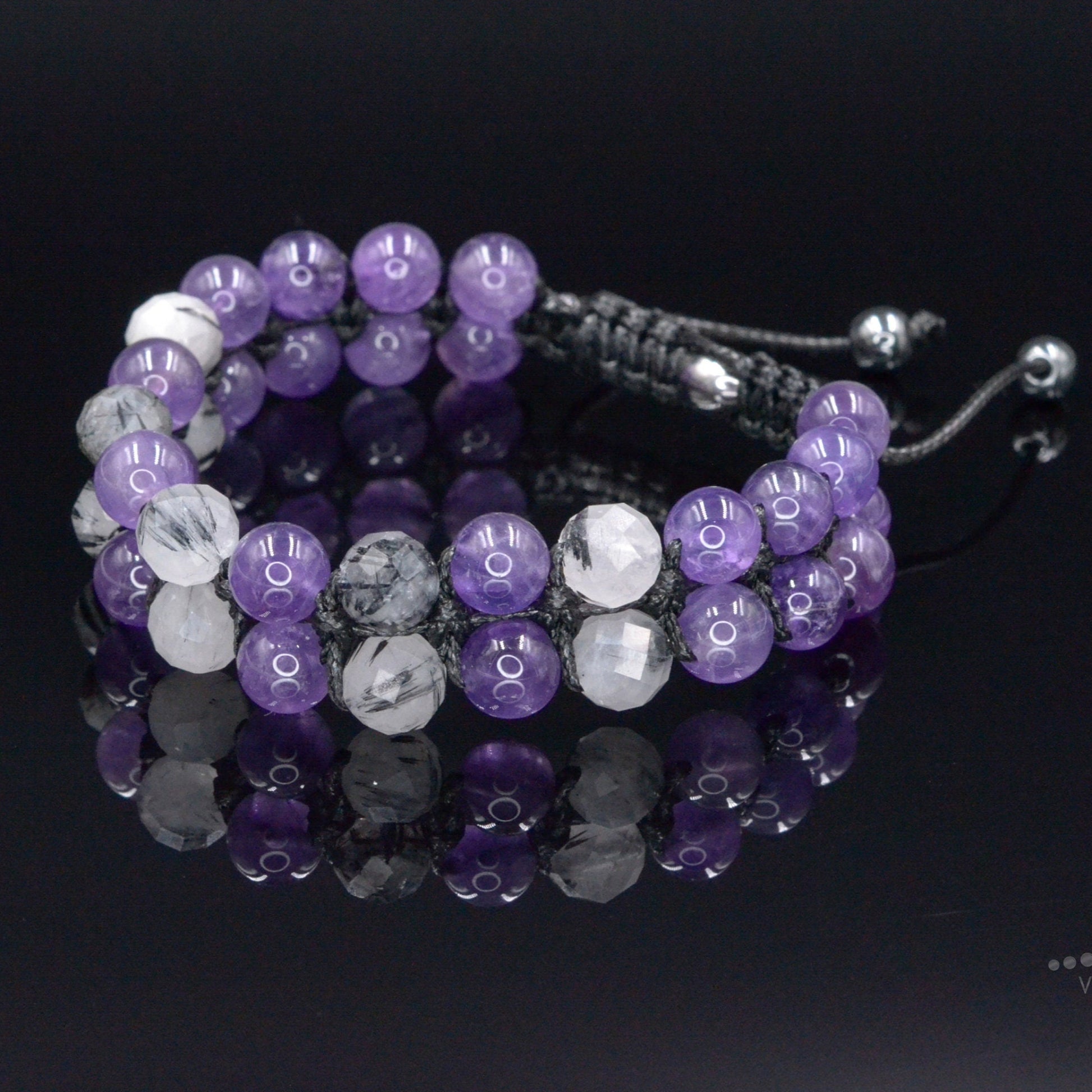 Genuine Amethyst Quartz Braided Bracelet, Double Row Crystal Gemstone Adjustable Bracelet, Gift for Men, Gift for Him, Father's Day Gift - Shamballa Bracelet - Birthstone Bracelet - Gemstone Bracelet Men - Chakra Bracelet - Macrame Bracelet - Healing Bracelet - Valinde

