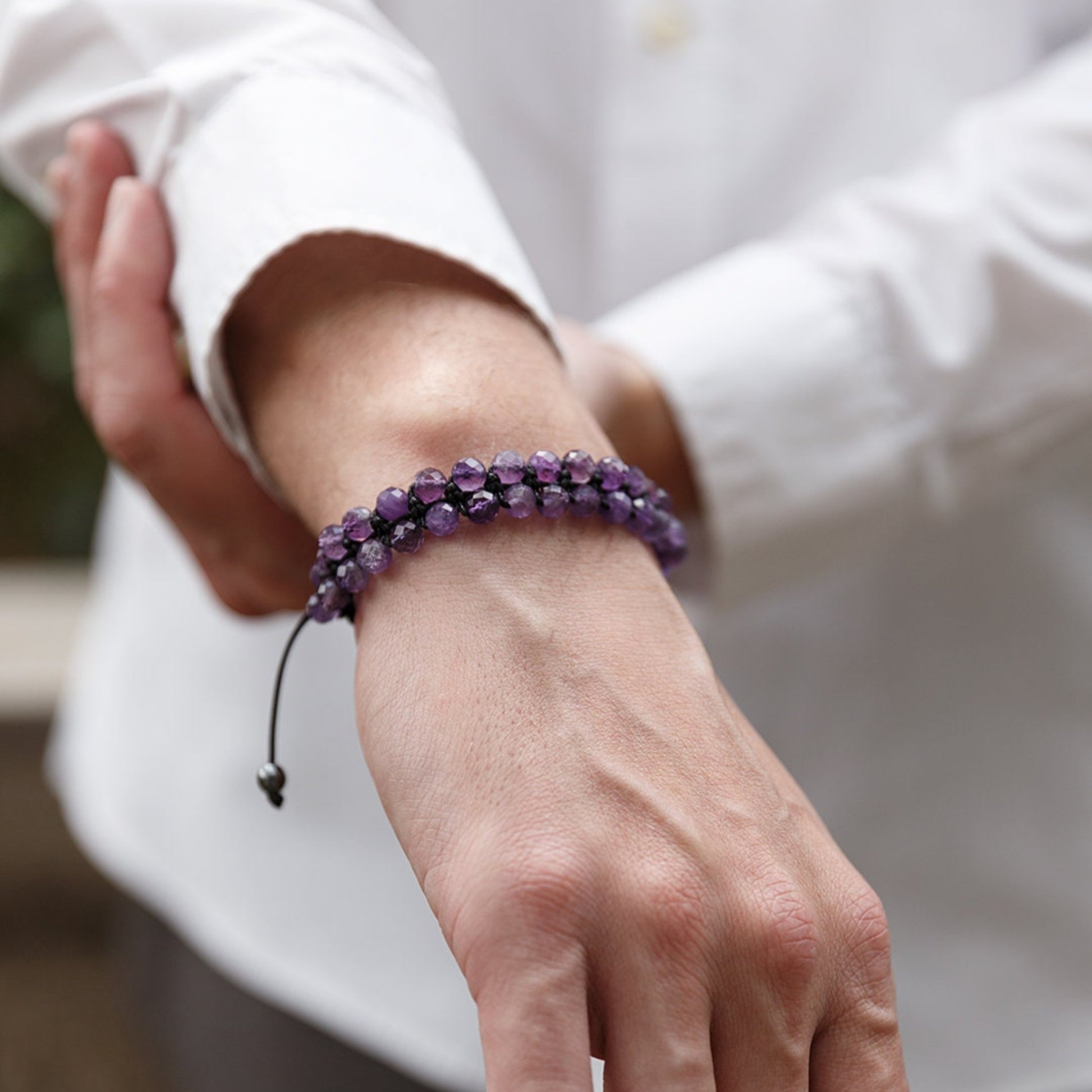 Genuine Amethyst Bracelet - Men's Double Row Crystal Beaded Bracelet - Gift for Men - Purple Amethyst Braided Bracelet - Birthday Gift  - Shamballa Bracelet - Birthstone Bracelet - Gemstone Bracelet Men - Chakra Bracelet - Macrame Bracelet - Healing Bracelet - Valinde

