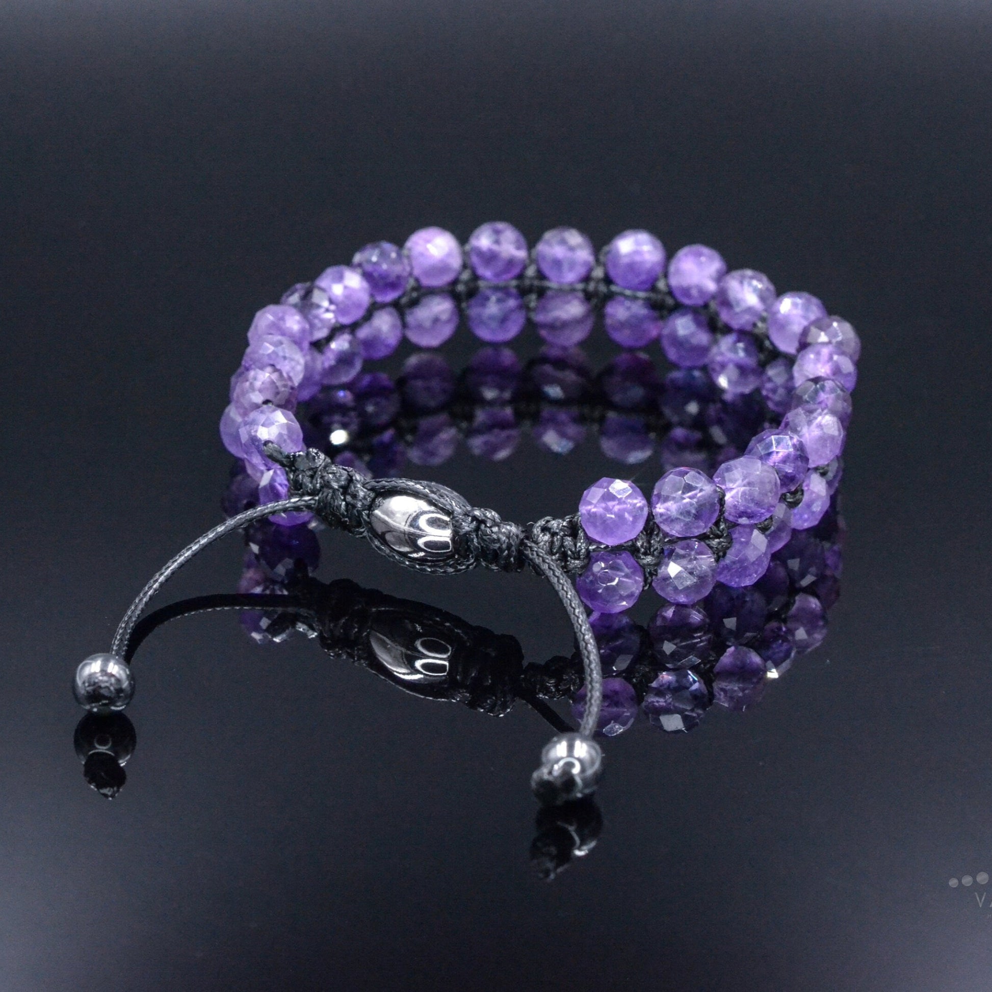 Genuine Amethyst Bracelet - Men's Double Row Crystal Beaded Bracelet - Gift for Men - Purple Amethyst Braided Bracelet - Birthday Gift  - Shamballa Bracelet - Birthstone Bracelet - Gemstone Bracelet Men - Chakra Bracelet - Macrame Bracelet - Healing Bracelet - Valinde

