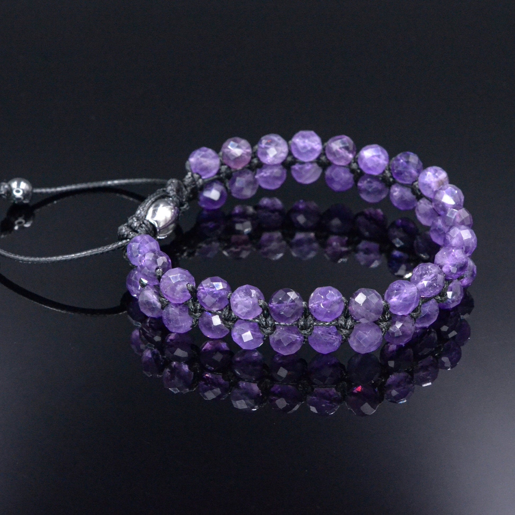 Genuine Amethyst Bracelet - Men's Double Row Crystal Beaded Bracelet - Gift for Men - Purple Amethyst Braided Bracelet - Birthday Gift  - Shamballa Bracelet - Birthstone Bracelet - Gemstone Bracelet Men - Chakra Bracelet - Macrame Bracelet - Healing Bracelet - Valinde
