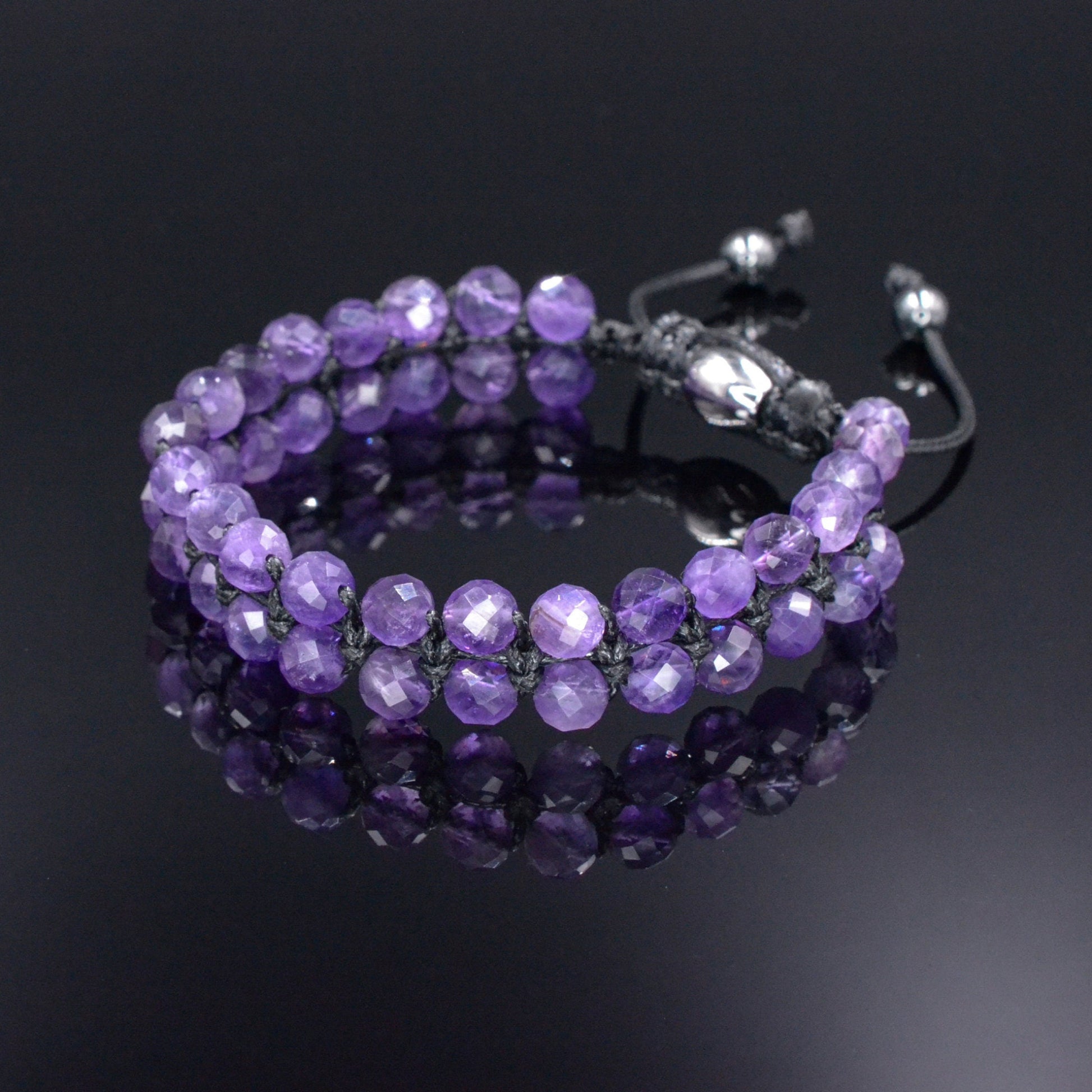 Genuine Amethyst Bracelet - Men's Double Row Crystal Beaded Bracelet - Gift for Men - Purple Amethyst Braided Bracelet - Birthday Gift  - Shamballa Bracelet - Birthstone Bracelet - Gemstone Bracelet Men - Chakra Bracelet - Macrame Bracelet - Healing Bracelet - Valinde
