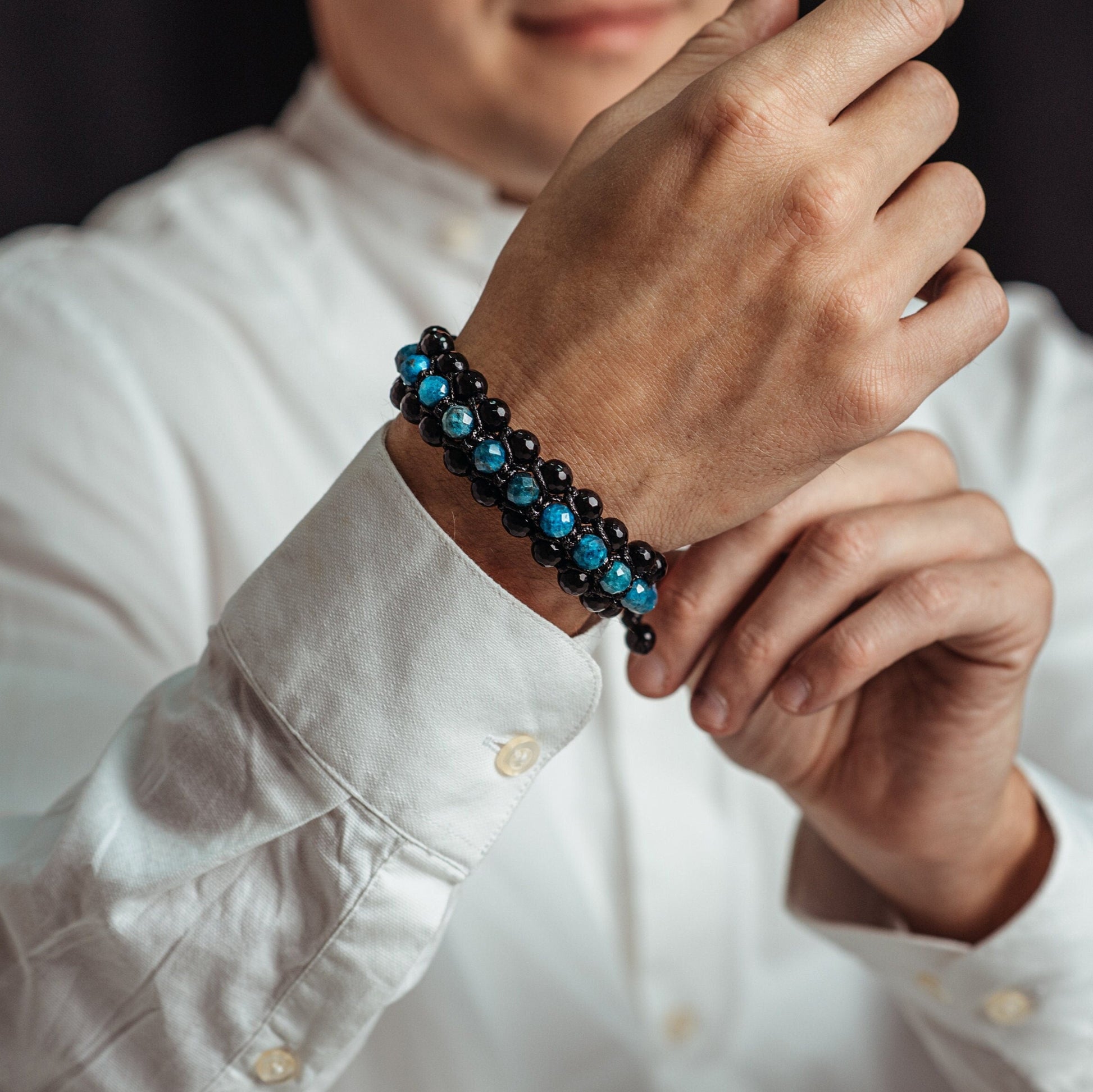 Apatite Bracelet Men / 3 Rows Bracelet / Macrame Bracelet / Men's Agate Bracelet / Blue Apatite Bracelet / Crystal Bracelet / Gift for Men -  Shamballa Bracelet  -  Birthstone Bracelet - Gemstone Bracelet Men - Chakra Bracelet - Macrame Bracelet - Healing Bracelet - Valinde
