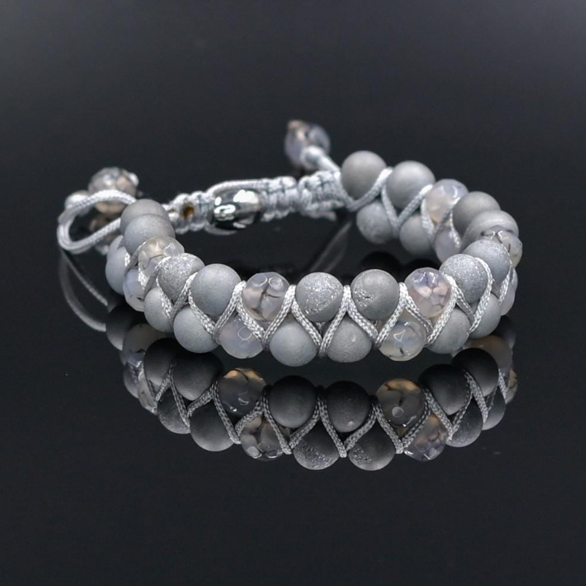 Men's Grey Druzy Agate Bracelet Double Row Bracelet Gemstone Beads Bracelet Gift for Men Adjustable Stone Bracelet Macrame Bracelet for Men - Shamballa Bracelet - Mantra Bracelet  -  Yoga Bracelet -  Birthstone Bracelet - Gemstone Bracelet Men - Chakra Bracelet - Macrame Bracelet - Healing Bracelet - Gift for Father - Gift For Men - Valinde
