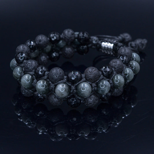 Hawk's Eye Triple Row Bracelet Men's Lava Stone Bracelet Hawk Eye Crystal Bracelet Agate Bracelet Macrame Adjustable Bracelet Gift for Men  -  Shamballa Bracelet  -  Birthstone Bracelet - Gemstone Bracelet Men - Chakra Bracelet - Macrame Bracelet - Healing Bracelet - Valinde
