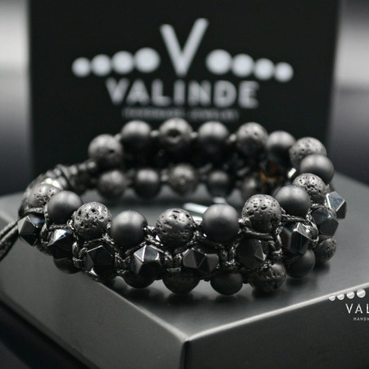 Men's Black Agate 3 Row Bracelet Onyx Bracelet Lava Stone Bracelet Gift for Men Macrame Bead Bracelet Stone Bracelet Crystal Bracelet- Shamballa Bracelet - Birthstone Bracelet - Gemstone Bracelet Men - Chakra Bracelet - Macrame Bracelet - Healing Bracelet - Valinde