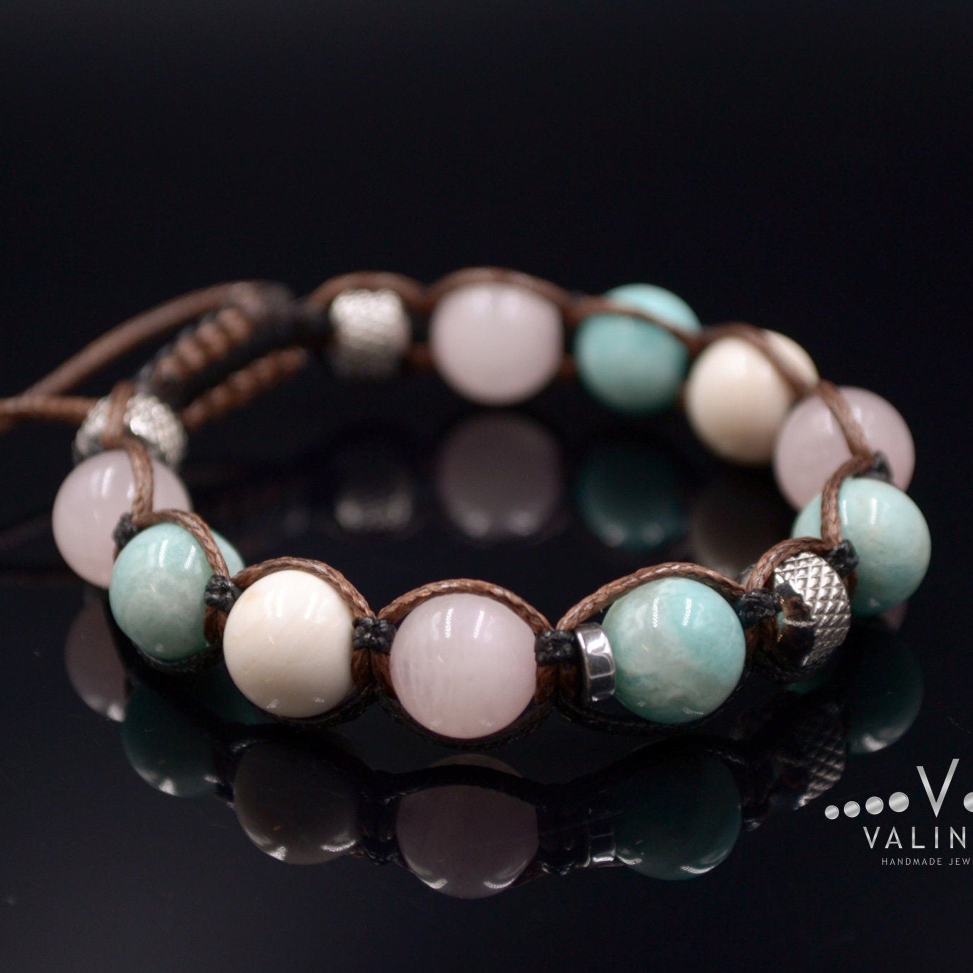 Women's Genuine Amazonite Bracelet - Rose Quartz Beaded Bracelet - Gift for Women - Adjustable Bracelet - Women Crystal Bracelet - Macrame Bracelet - Healing Bracelet  - Birthstone Bracelet - Gemstone Bracelet Men